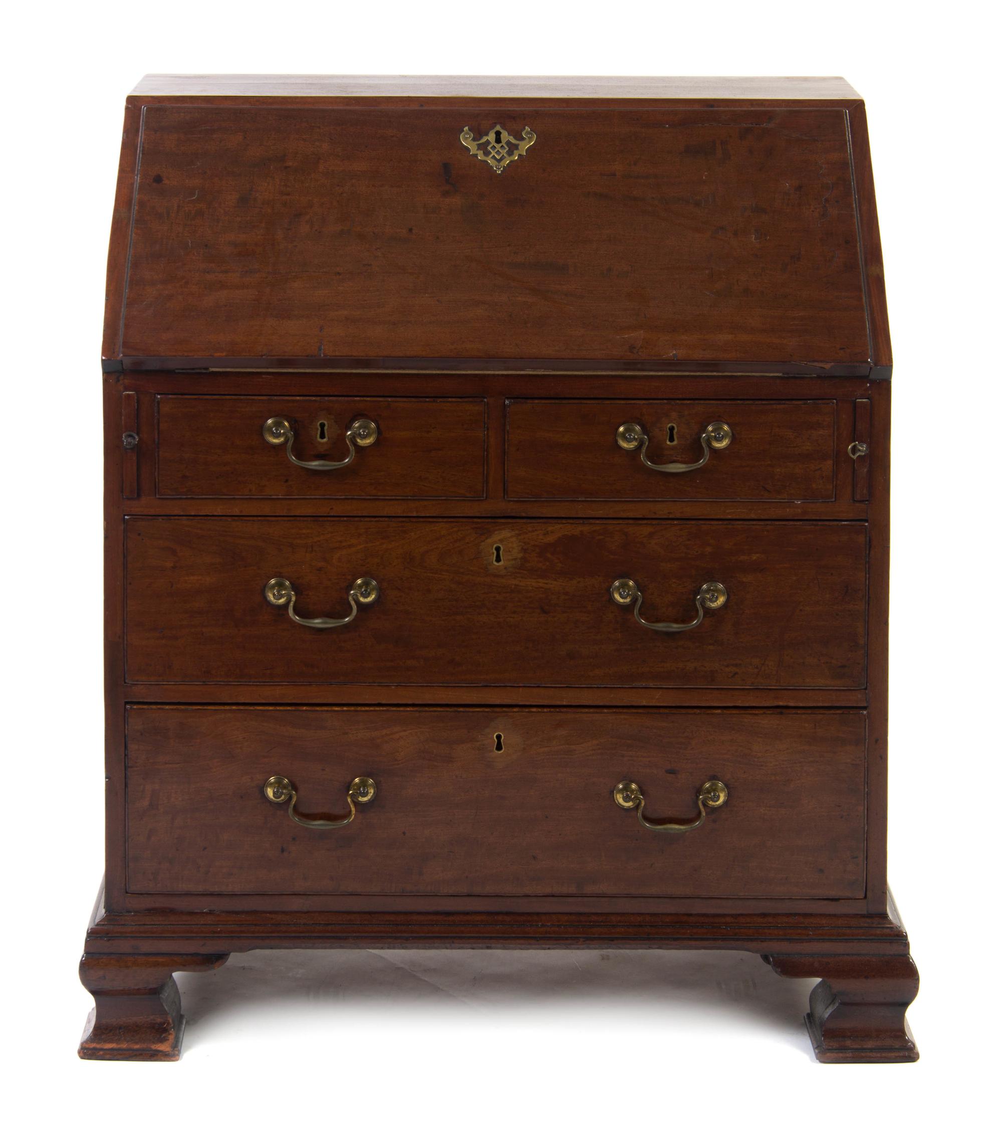 A George III Mahogany Slant Front Bureau, LATE 18TH CENTURY, Height 37 3/4 x width 32 1/2 x depth 18 1/4 inches. — LATE 18TH CENTURY,