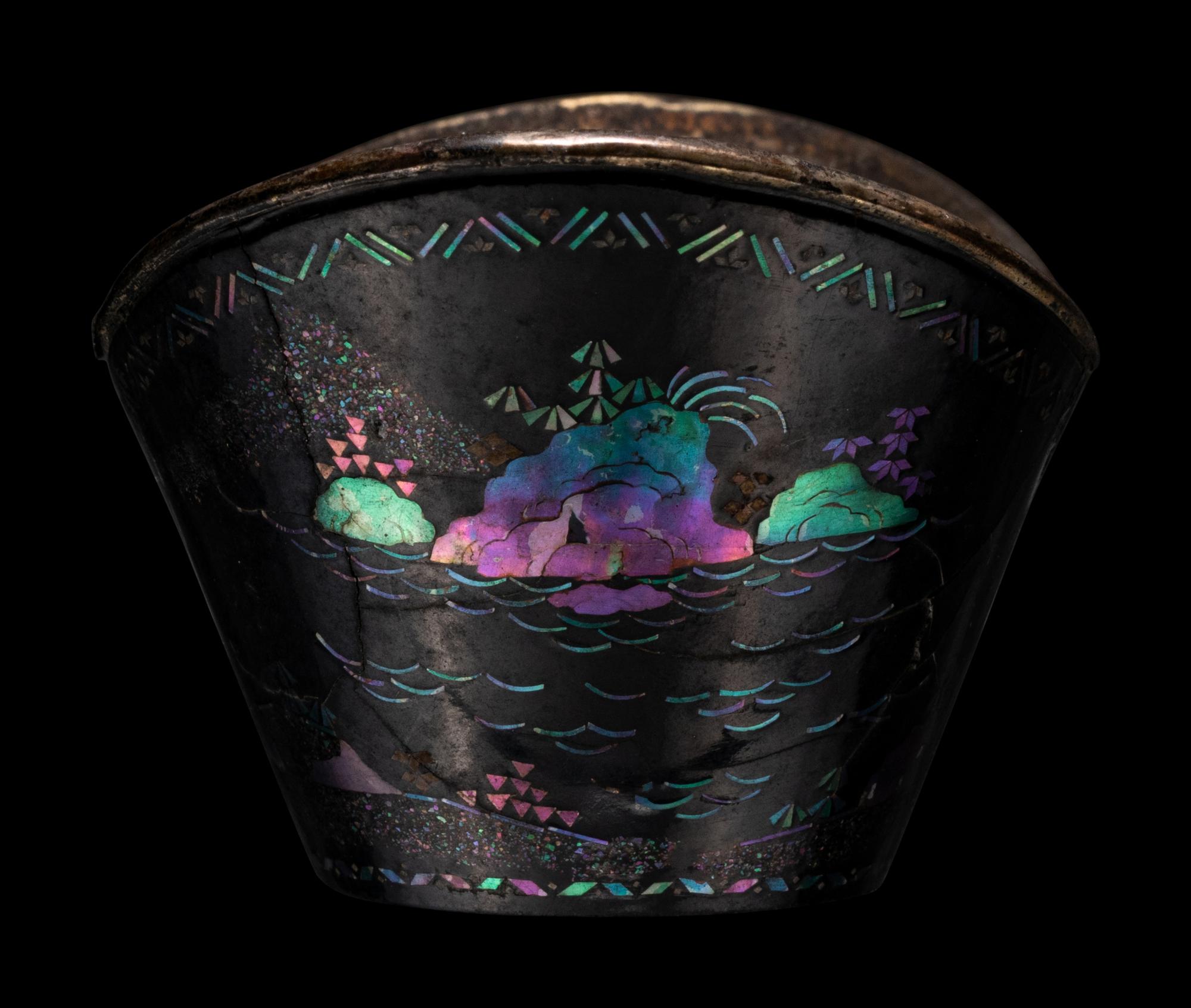 A Set of Six Mother-of-Pearl Inlaid Black Lacquer Ingot-Form Cups