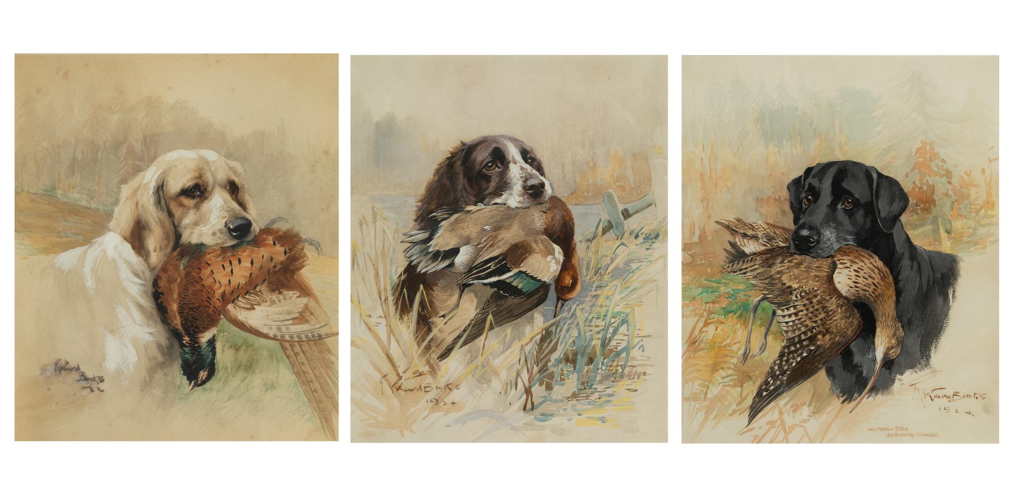 Wolferton Titus Retrieving Curlew; Retriever With Duck; Yellow Labrador With Duck (three works)
