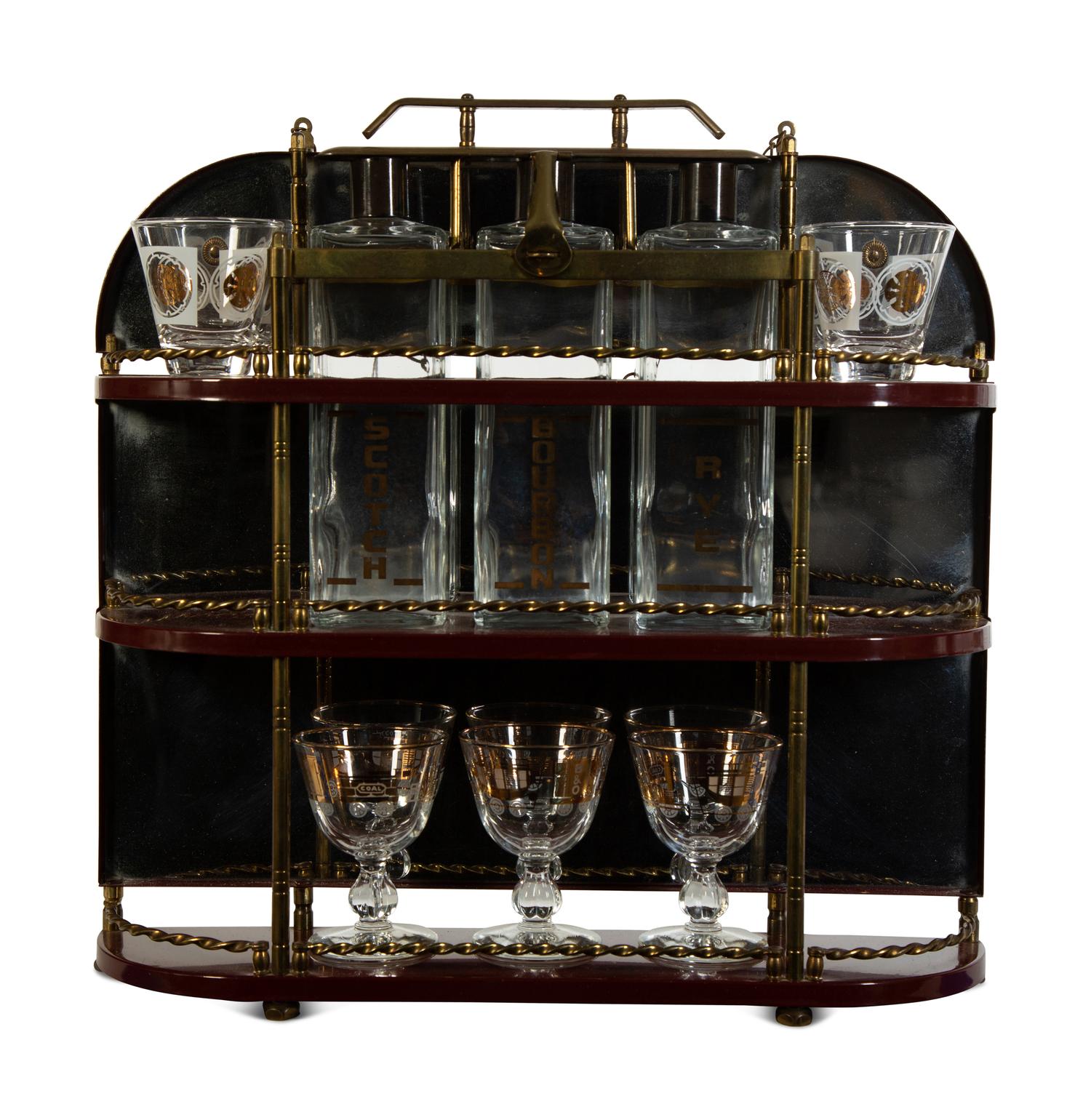 A Brass-Mounted Liquor Rack with Glasses and Tantalus