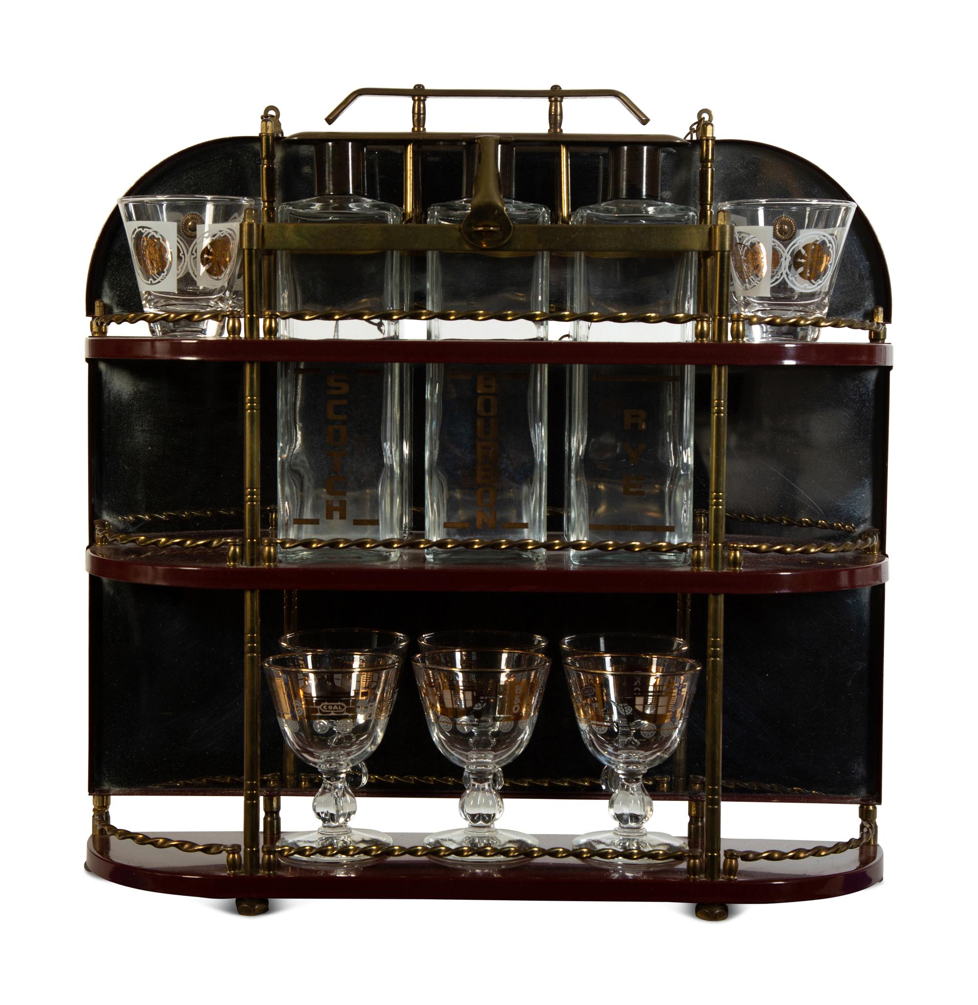A Brass-Mounted Liquor Rack with Glasses and Tantalus
