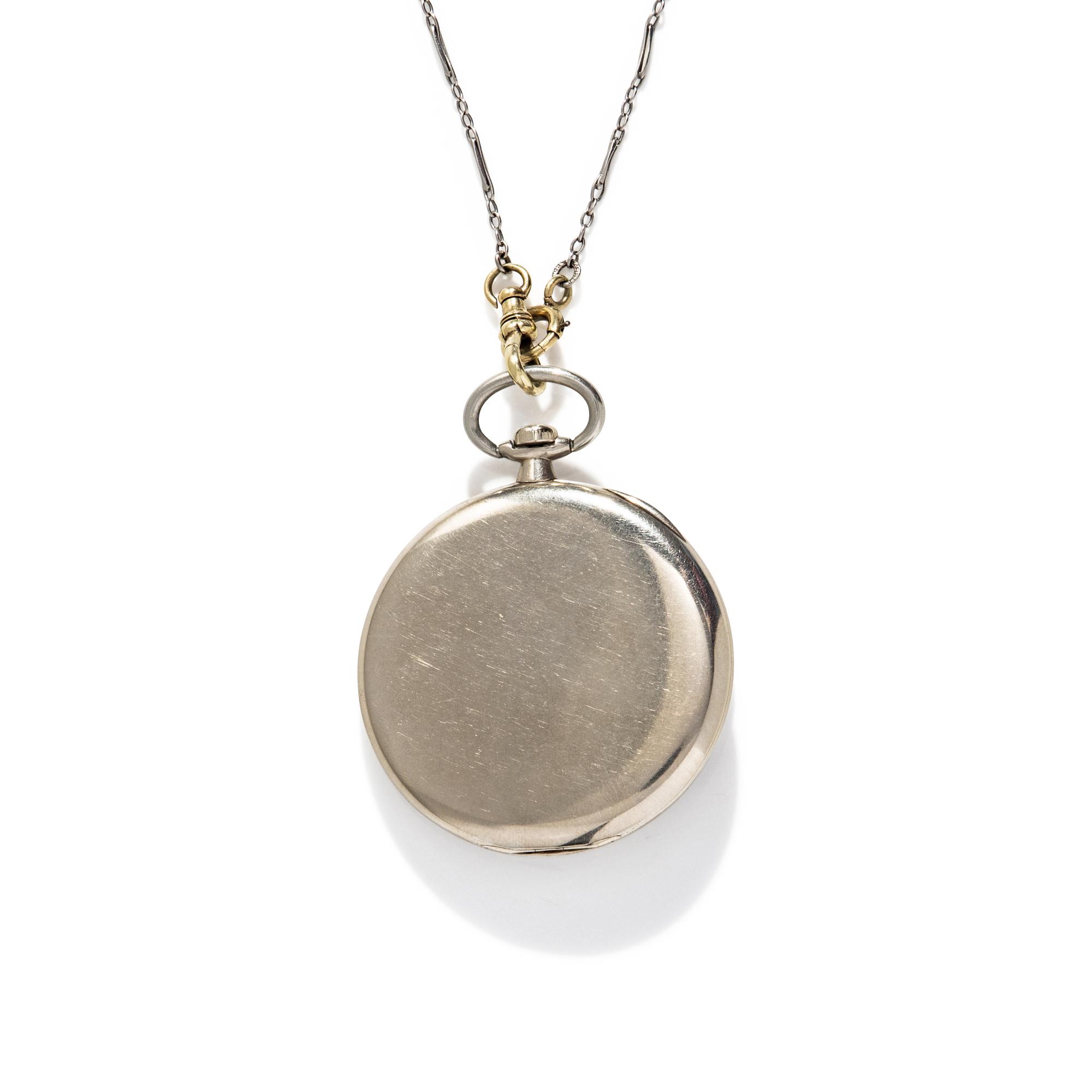 WALTHAM, WHITE GOLD POCKET WATCH WITH PLATINUM AND SEED PEARL CHAIN