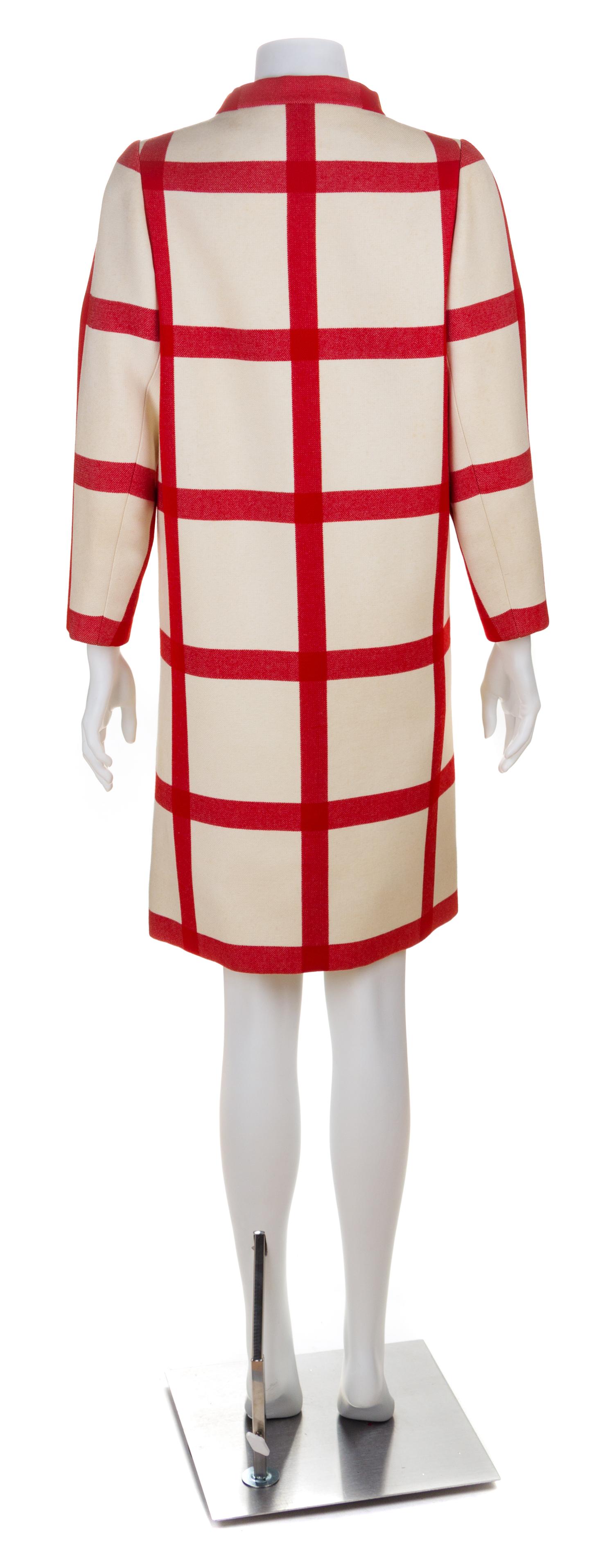 A Norell Red and White Wool Windowpane Double Breasted Coat, No size.