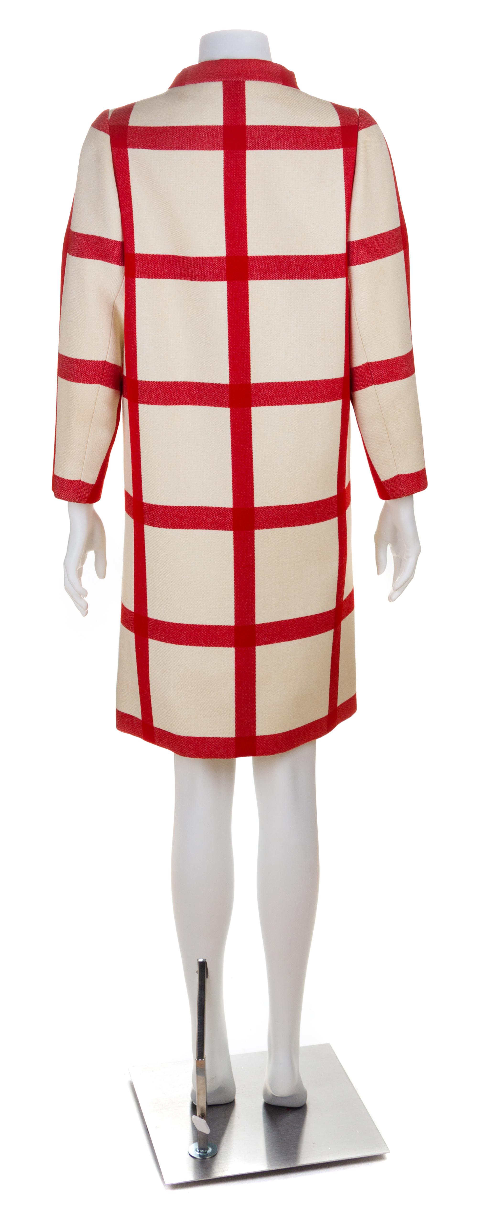 A Norell Red and White Wool Windowpane Double Breasted Coat, No size.