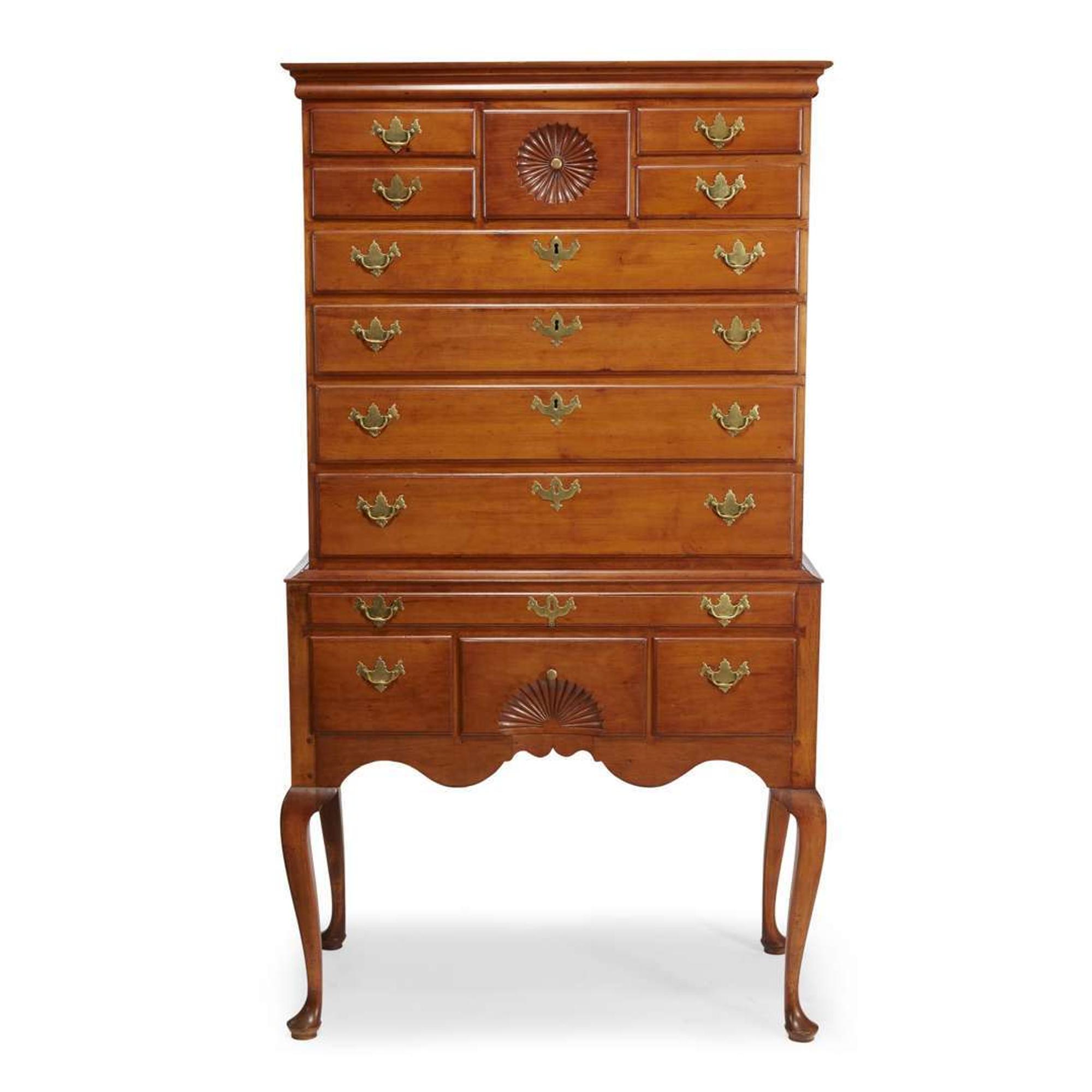 Queen Anne cherrywood carved high chest Connecticut, 18th century
