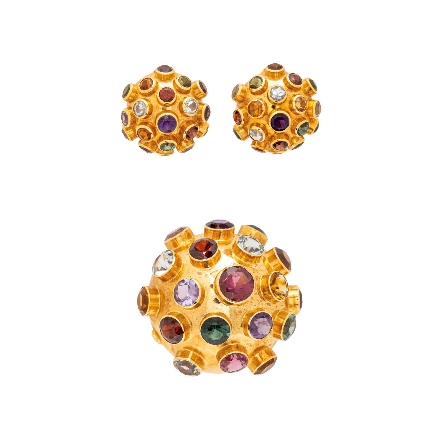 YELLOW GOLD AND MULTIGEM 'SPUTNIK' DEMI PARURE