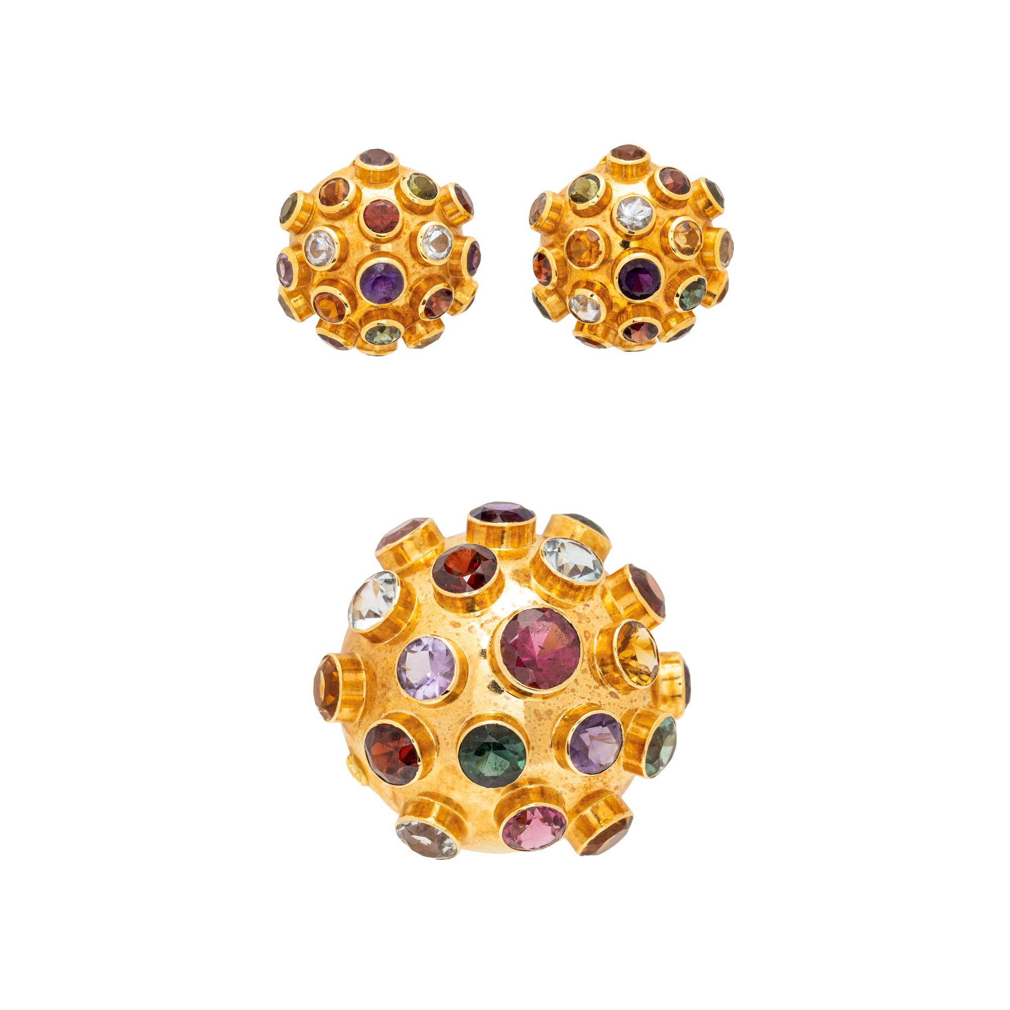 YELLOW GOLD AND MULTIGEM 'SPUTNIK' DEMI PARURE
