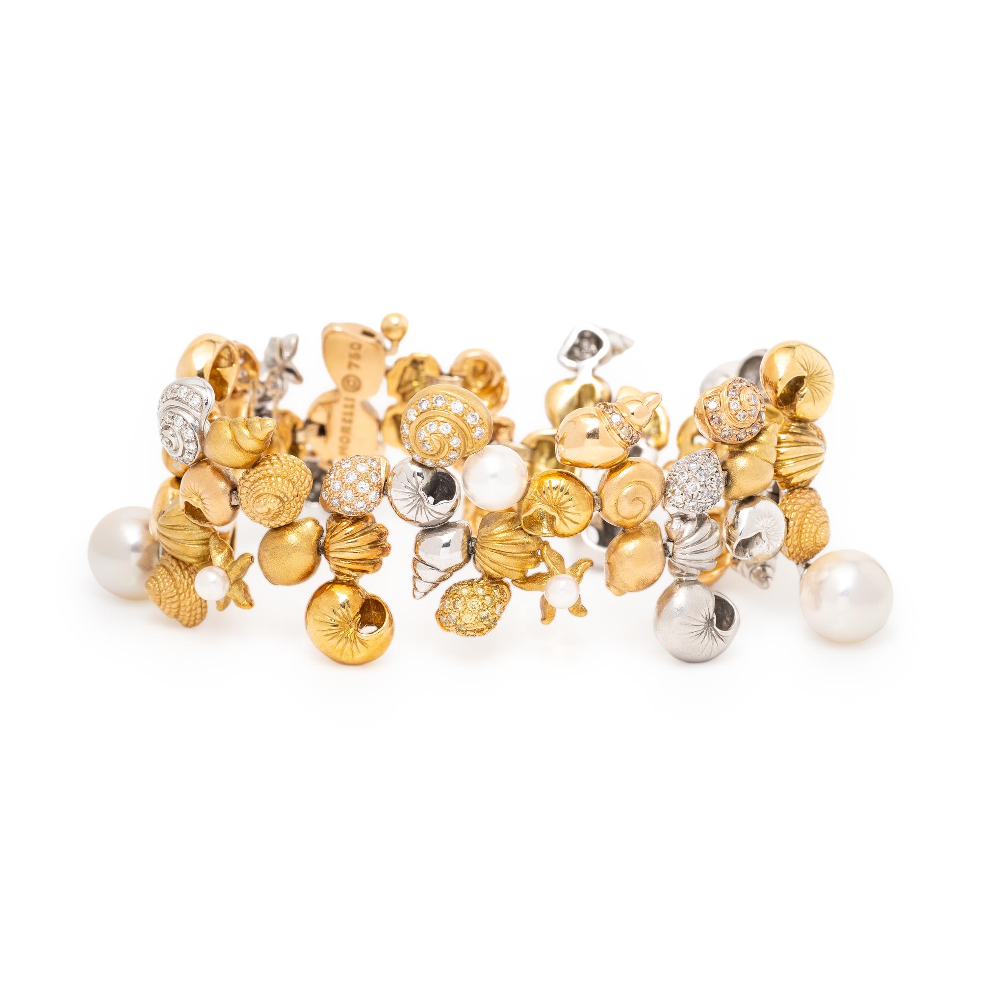 Paul Morelli, Tricolor Gold, Diamond, and Cultured Pearl Shell Motif Bracelet