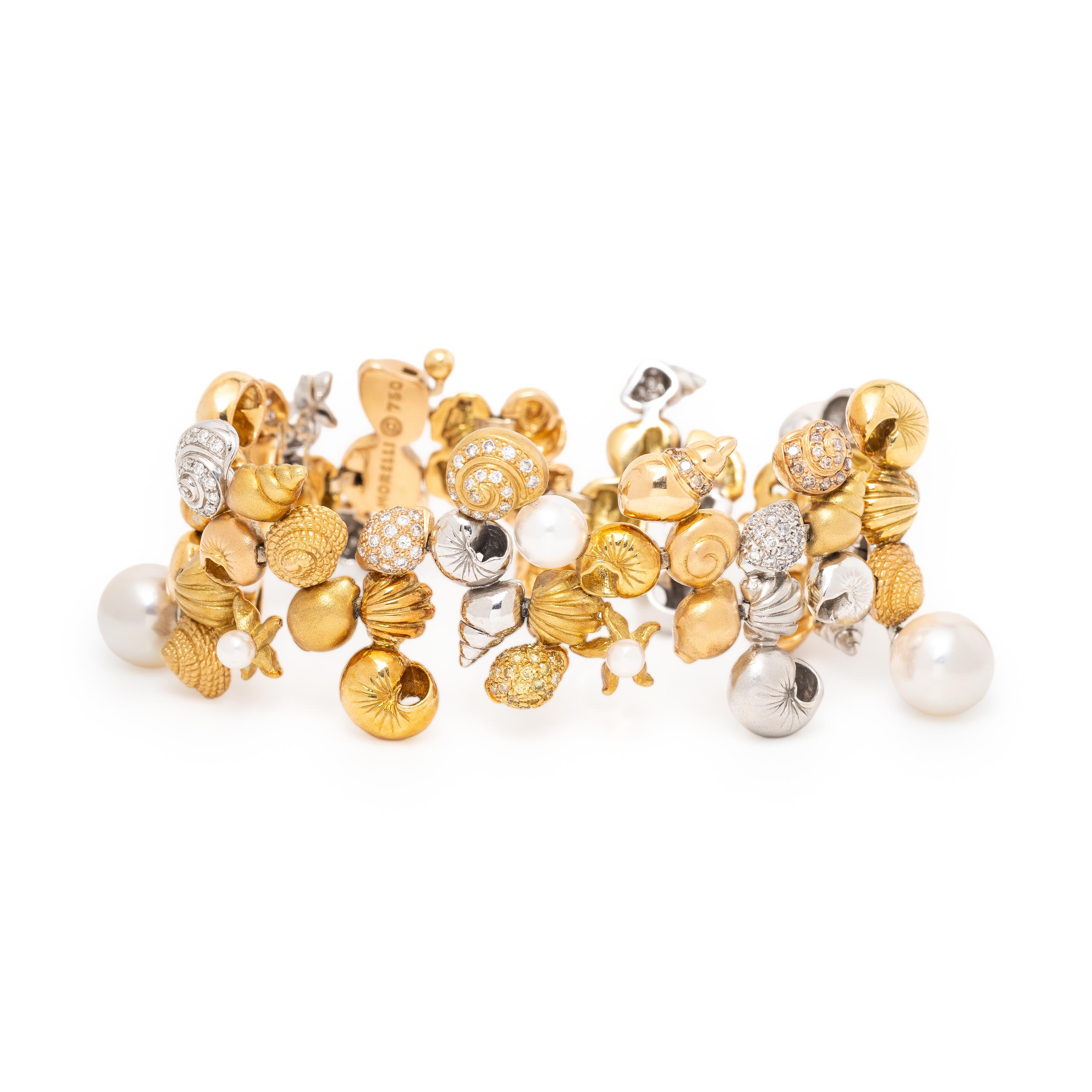 Paul Morelli, Tricolor Gold, Diamond, and Cultured Pearl Shell Motif Bracelet