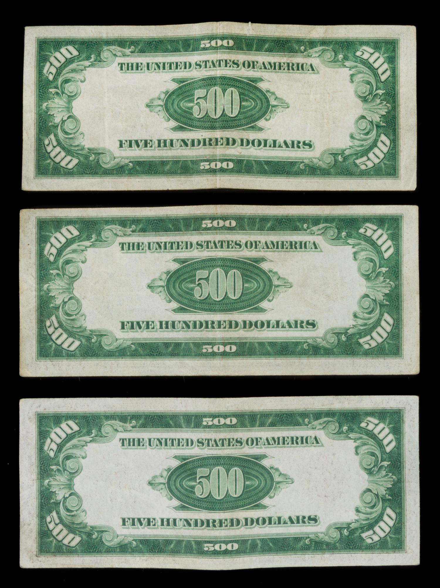 A Collection of Three United States 1934 $500 Federal Reserve Notes