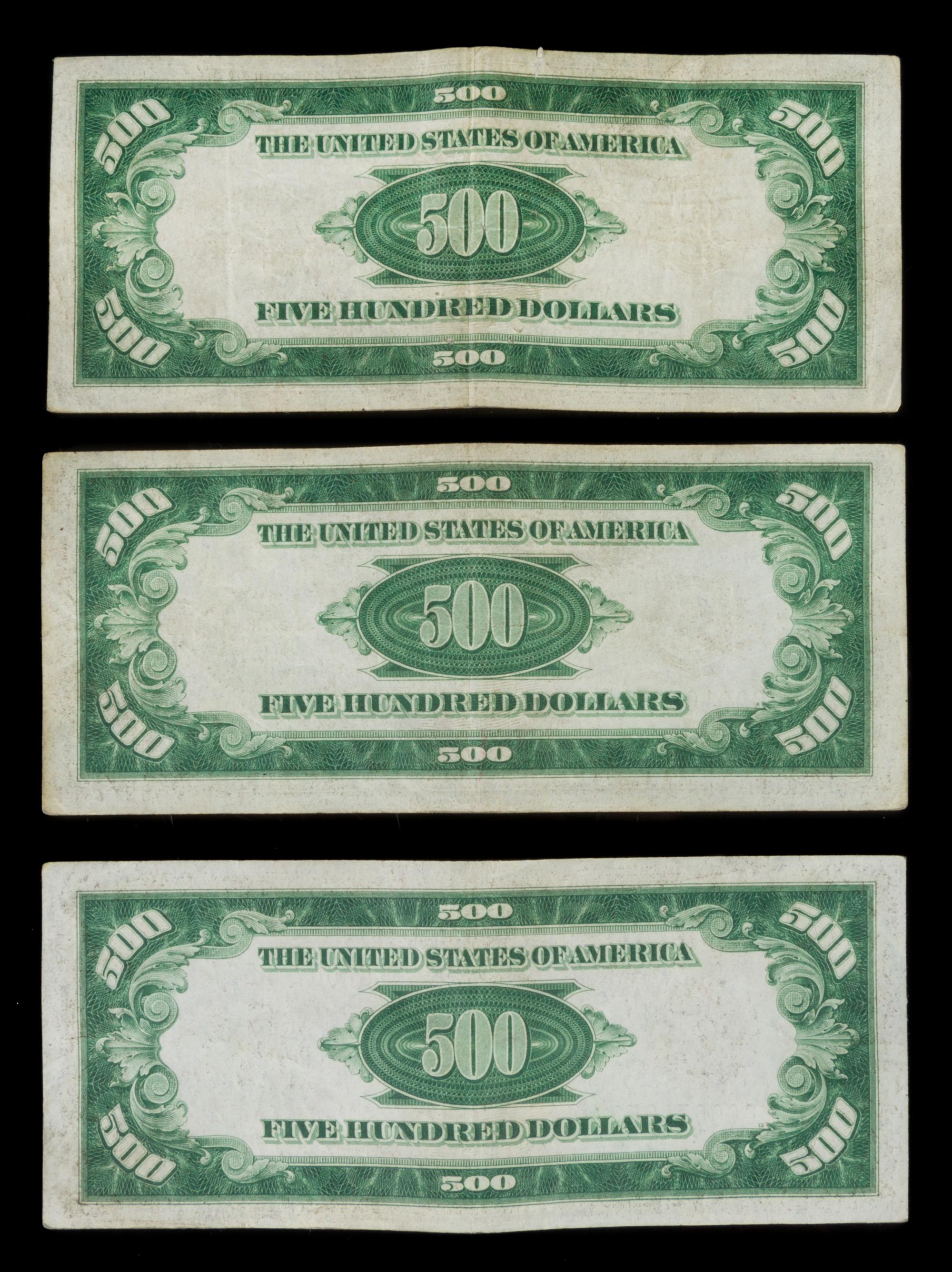 A Collection of Three United States 1934 $500 Federal Reserve Notes