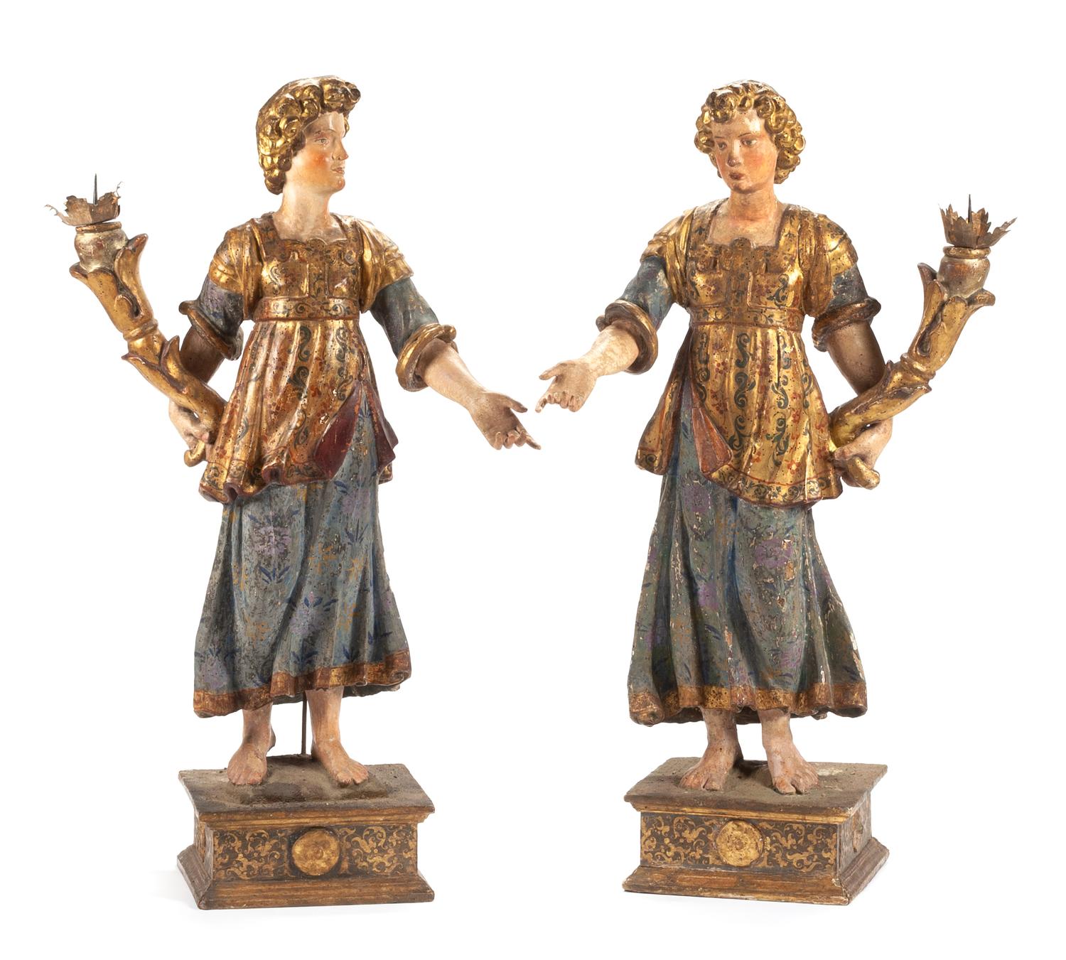 A Pair of Italian Painted and Parcel Gilt Figural Torcheres Height 48 inches. — 18TH/19TH CENTURY