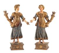 A Pair of Italian Painted and Parcel Gilt Figural Torcheres Height 48 inches. — 18TH/19TH CENTURY
