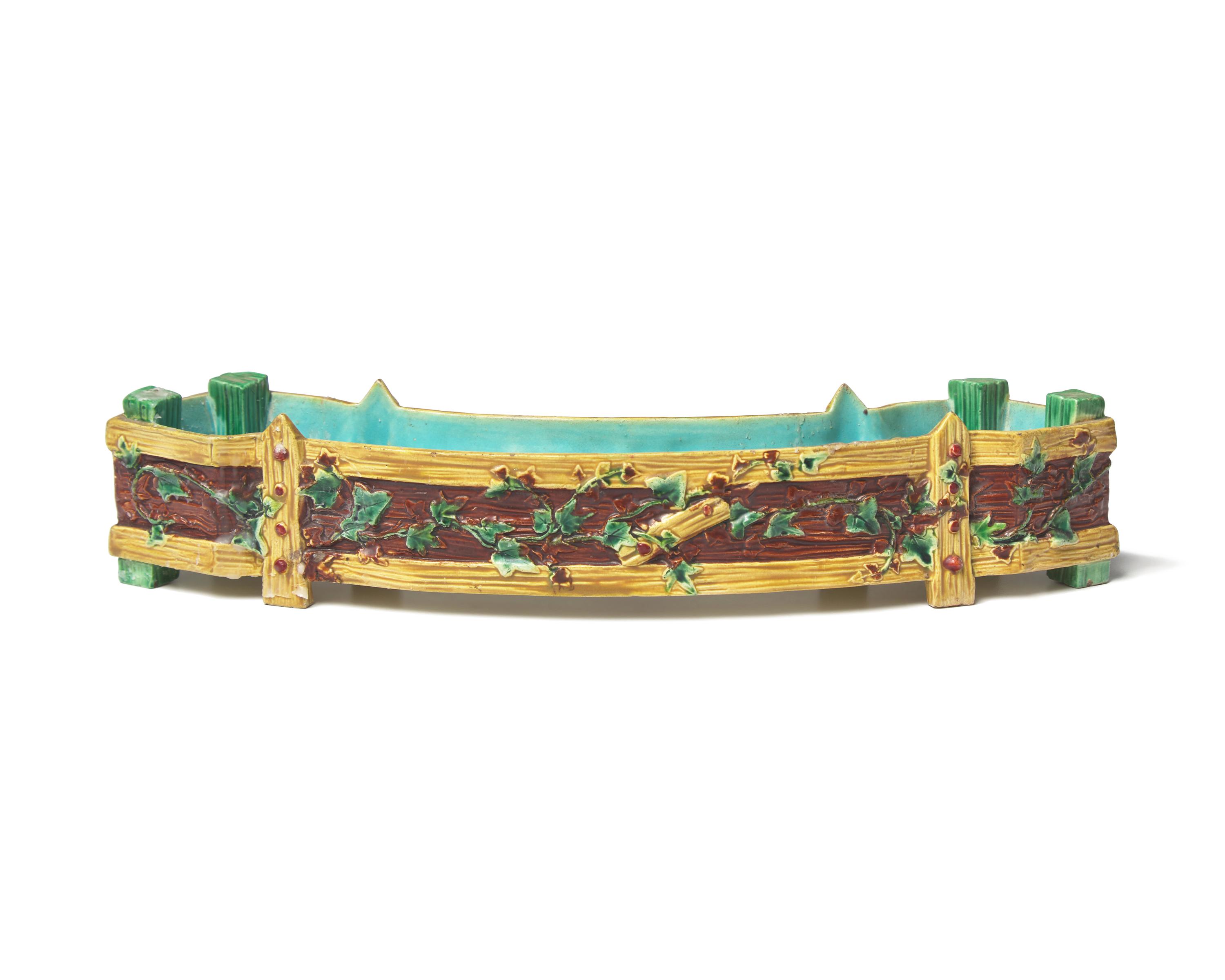 A Mintons Majolica Lazy Susan Together with a Set of Four Miniature English Majolica Planters