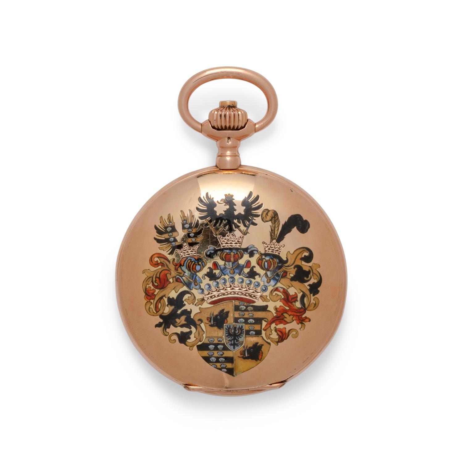 A. LANGE & SÖHNE, 14K YELLOW GOLD WITH POLYCHROME ENAMEL PAINTED ARMORIALS FOR THE COUNTS OF STRACHWITZ POCKET WATCH