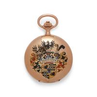 A. LANGE & SÖHNE, 14K YELLOW GOLD WITH POLYCHROME ENAMEL PAINTED ARMORIALS FOR THE COUNTS OF STRACHWITZ POCKET WATCH