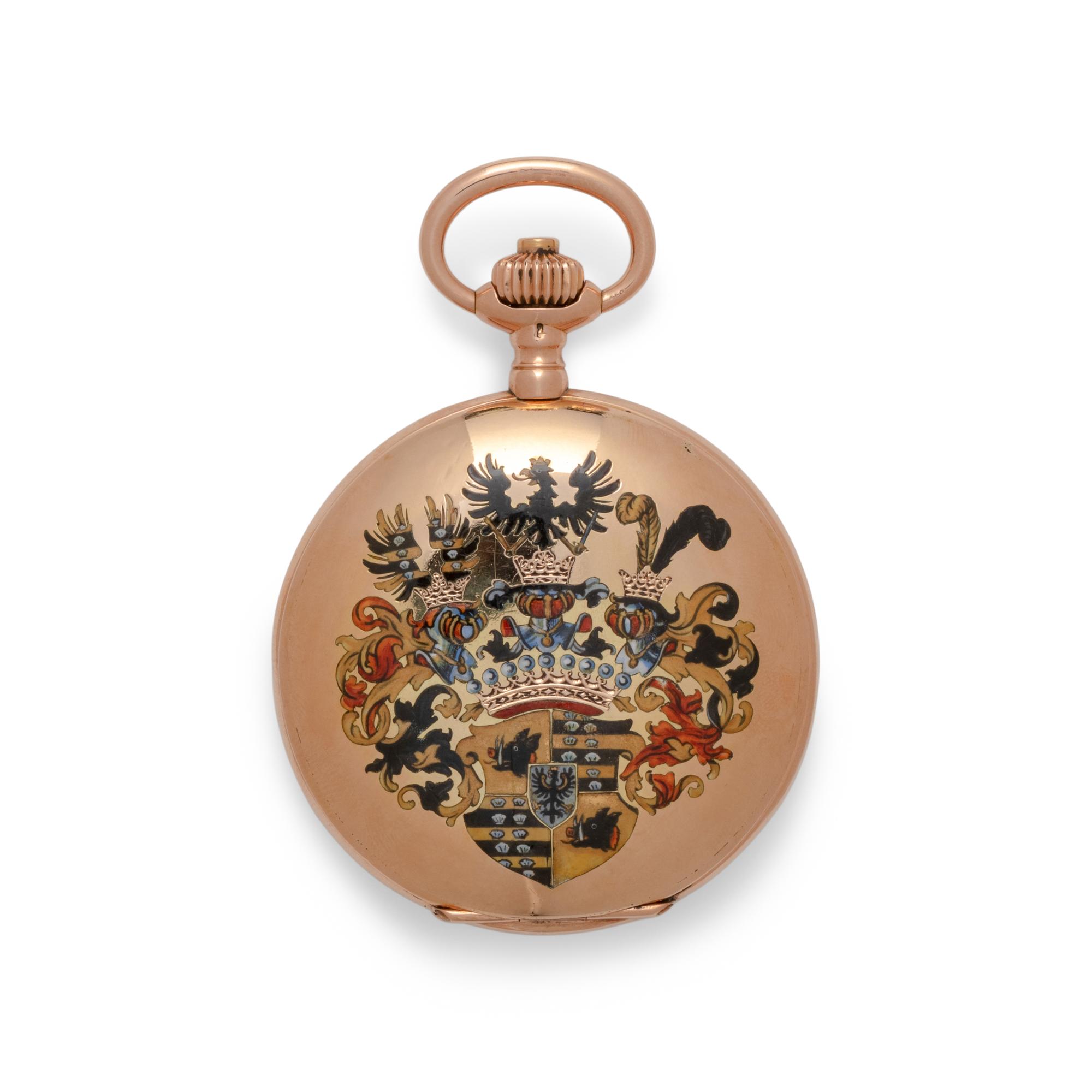 A. LANGE & SÖHNE, 14K YELLOW GOLD WITH POLYCHROME ENAMEL PAINTED ARMORIALS FOR THE COUNTS OF STRACHWITZ POCKET WATCH