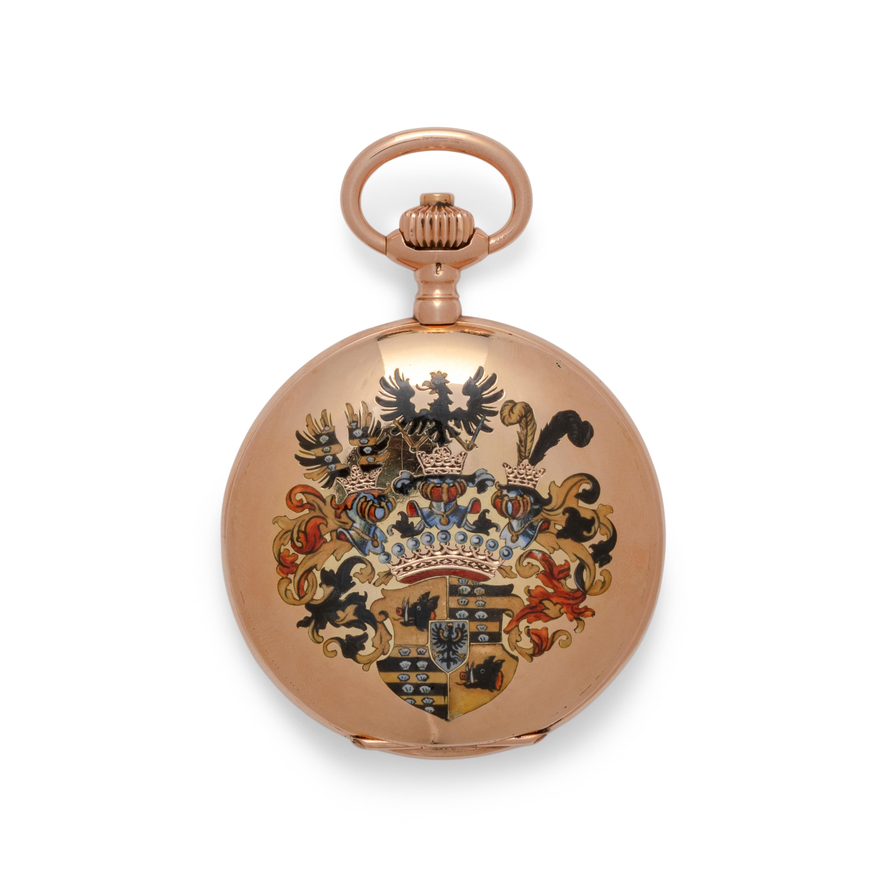 A. LANGE & SÖHNE, 14K YELLOW GOLD WITH POLYCHROME ENAMEL PAINTED ARMORIALS FOR THE COUNTS OF STRACHWITZ POCKET WATCH