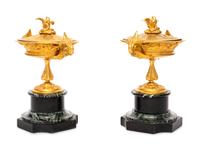 A Pair of French Gilt Bronze and Marble Urn Ornaments