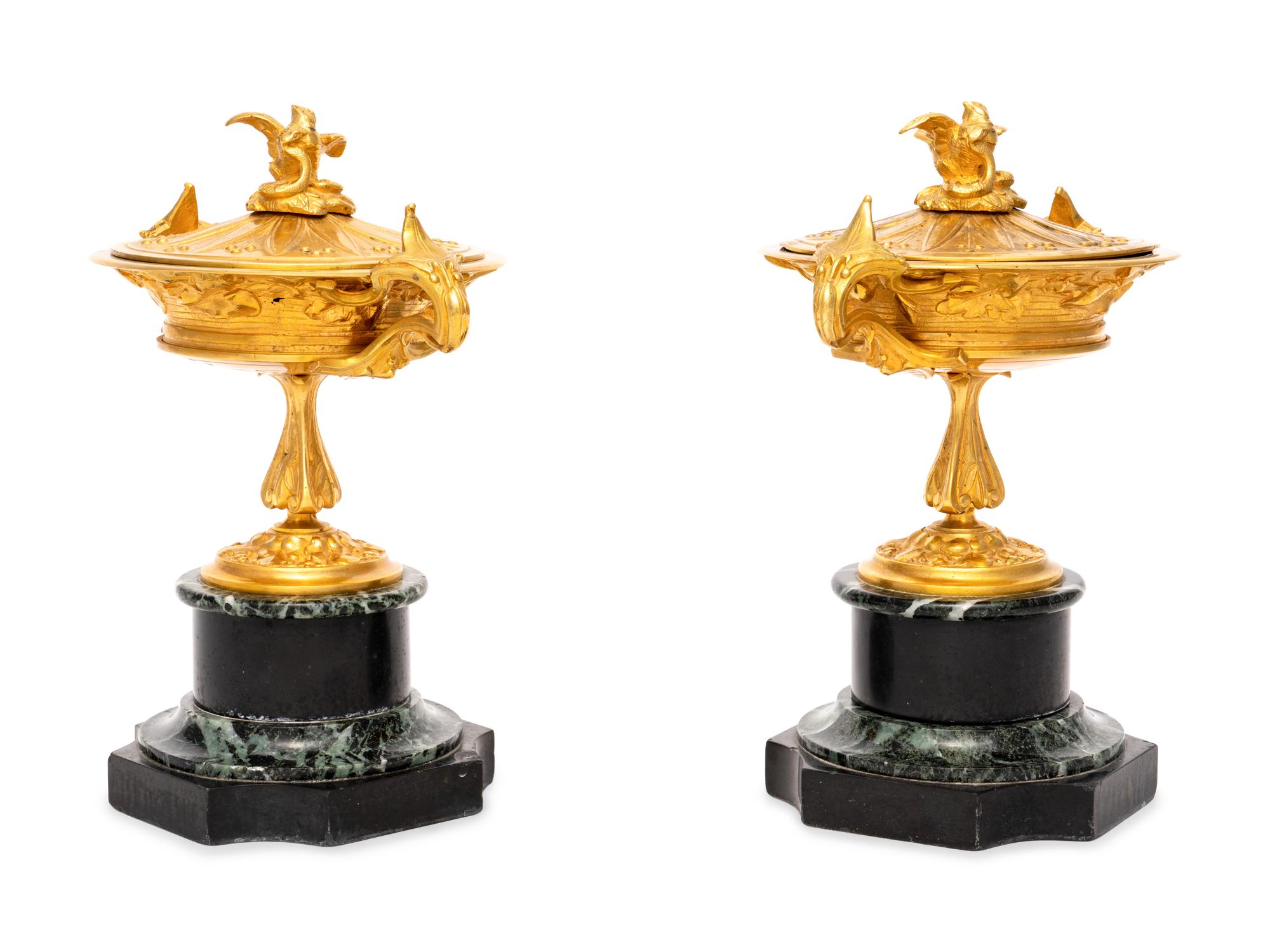 A Pair of French Gilt Bronze and Marble Urn Ornaments