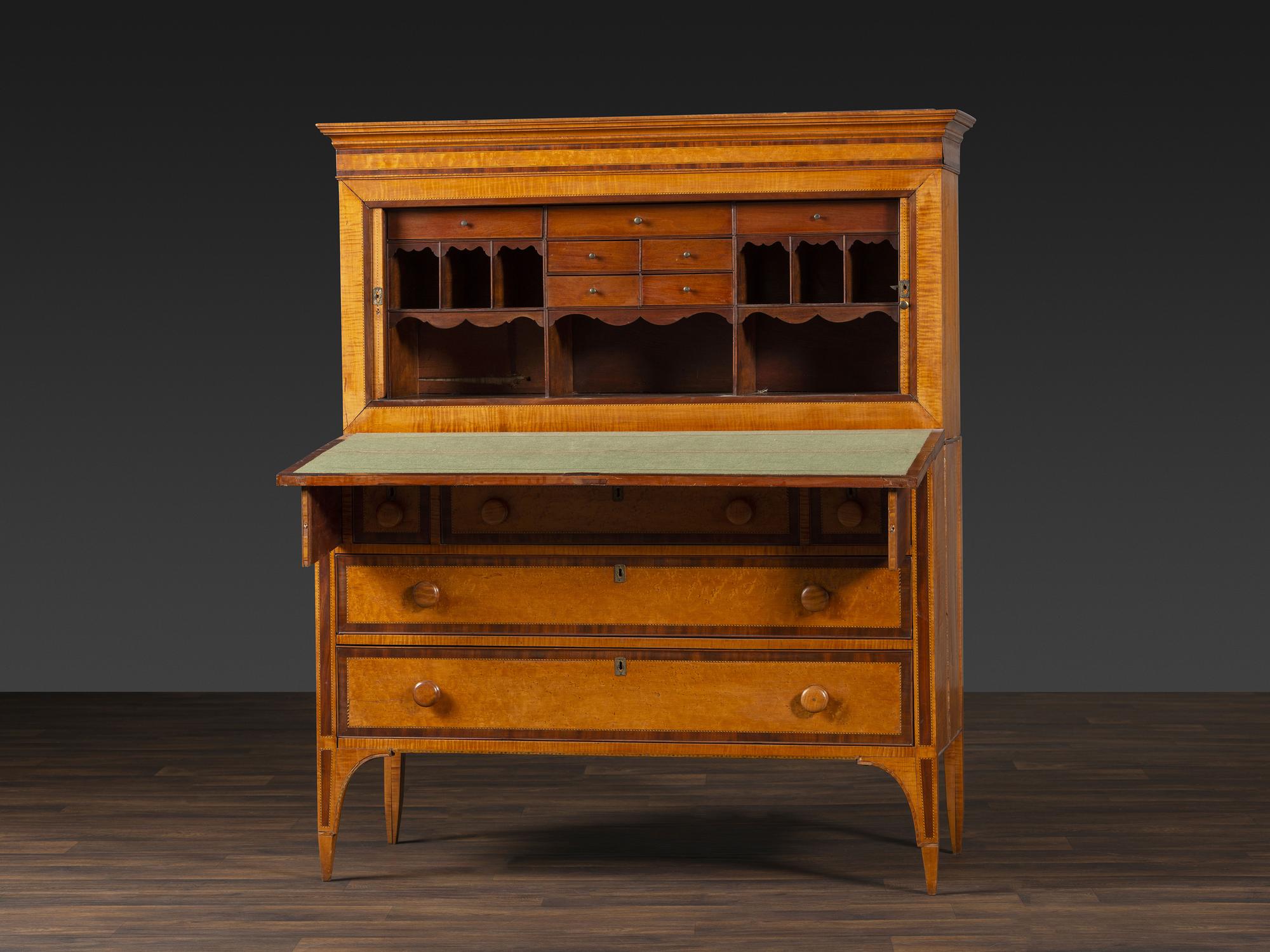 A Federal Inlaid Bird's Eye Maple and Mahogany Tambour Writing Desk