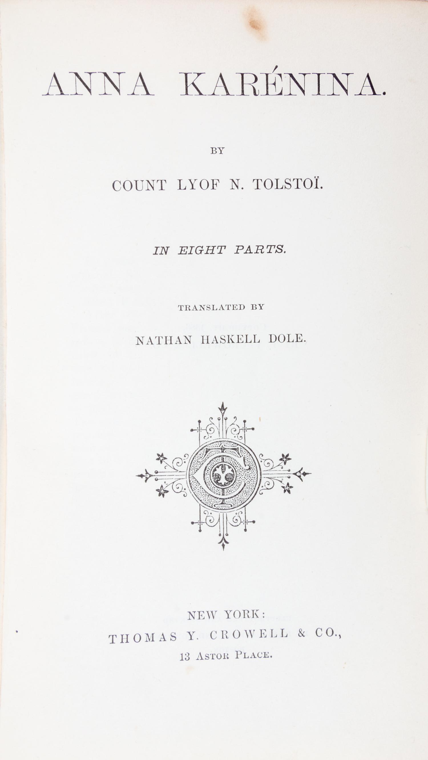 TOLSTOY, LEO. Anna Karenina. NY, 1886. First American edition.