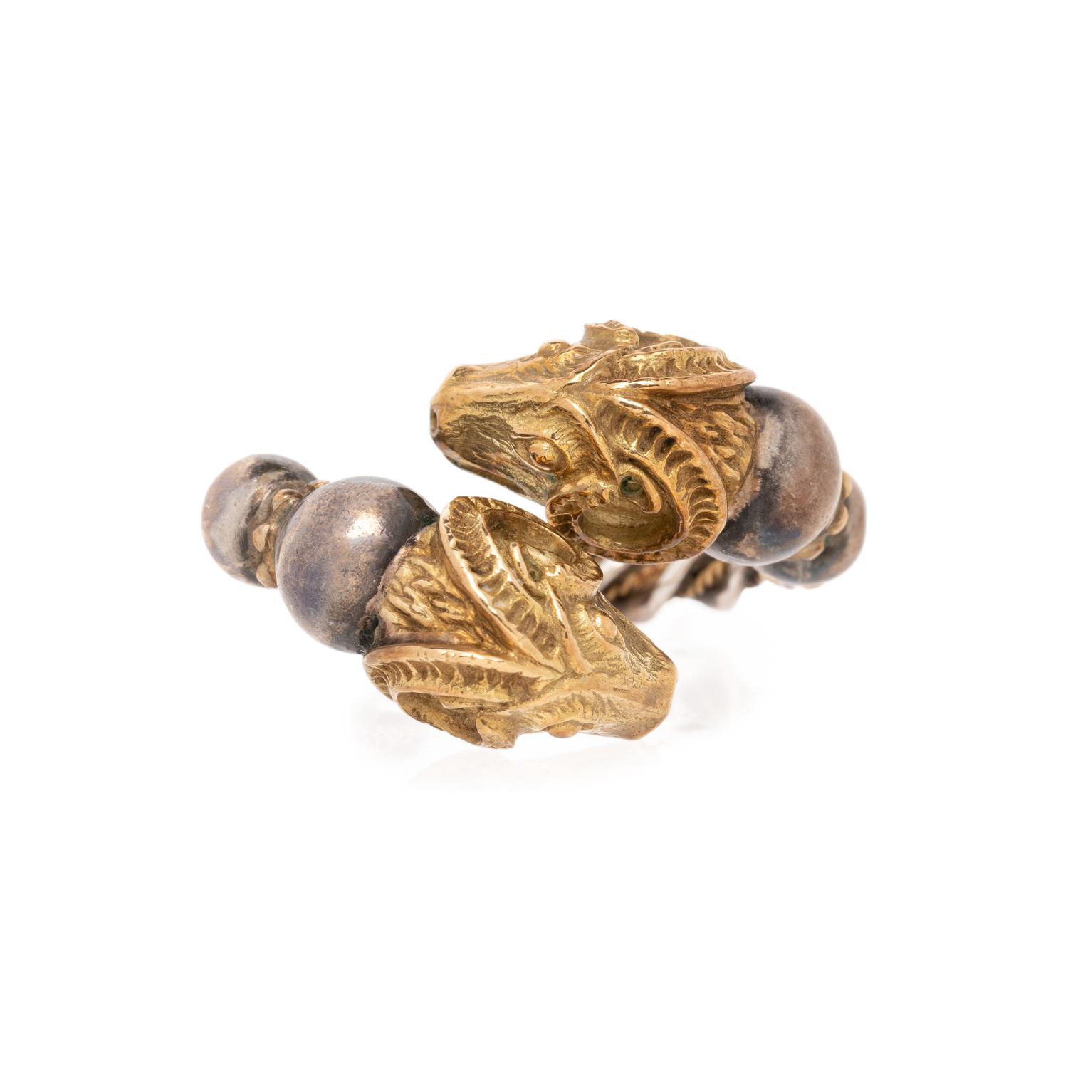 ZOLOTAS, SILVER AND YELLOW GOLD RAM'S HEAD RING