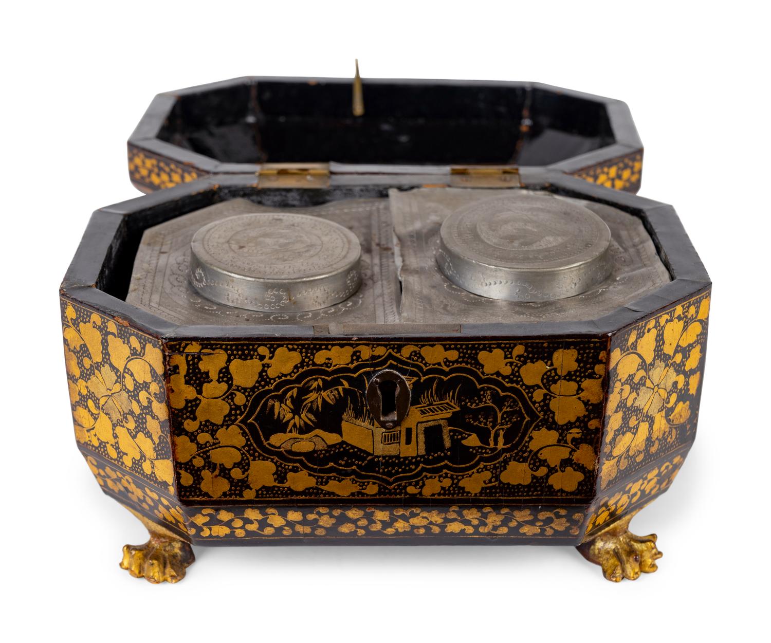 A Chinese Export Black and Gilt Lacquer Tea Caddy — 19TH CENTURY