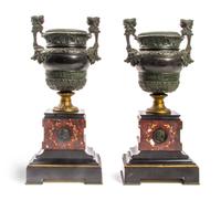 A Pair of Neoclassical Patinated Bronze and Rouge Marble Urns, Height 13 1/8 inches.