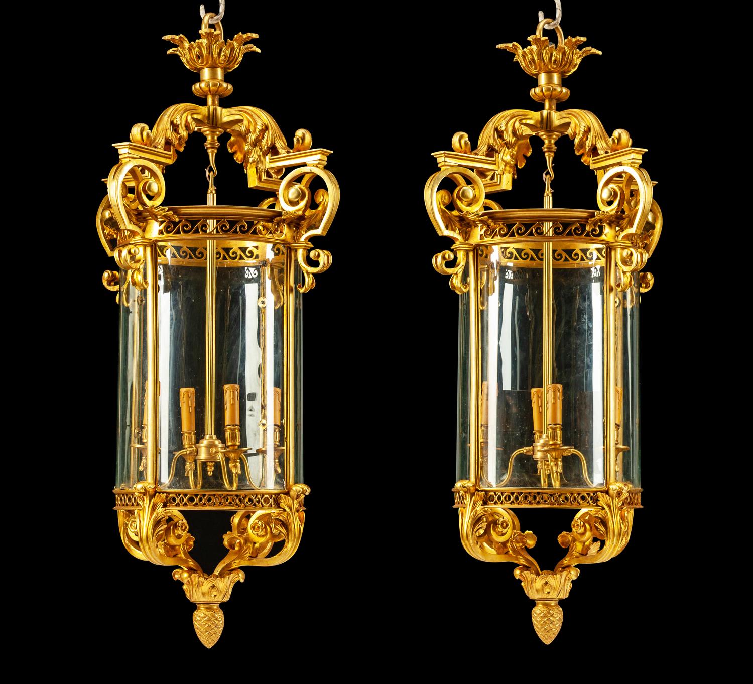 A Pair of English Gilt Bronze and Glass Lanterns