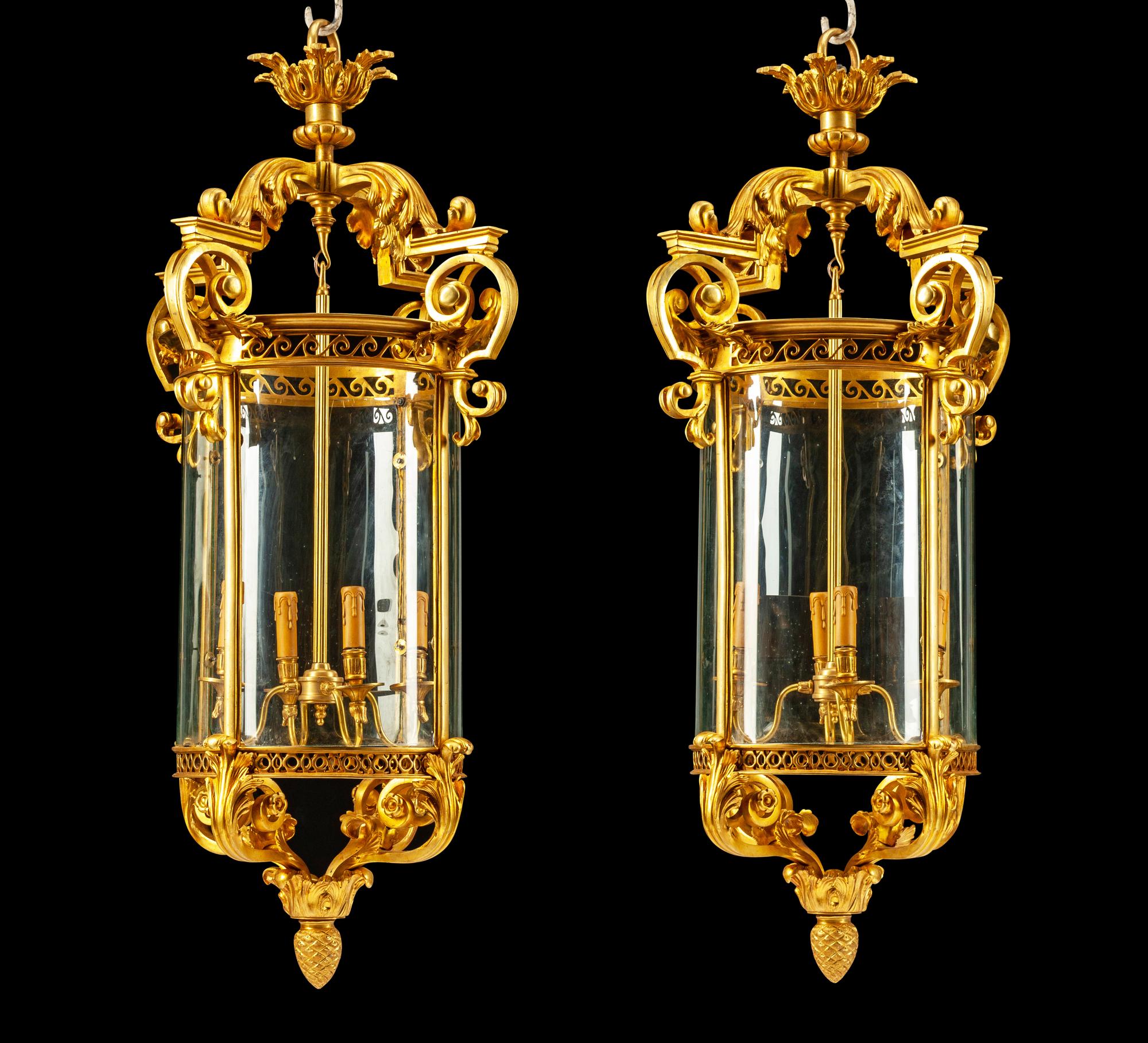 A Pair of English Gilt Bronze and Glass Lanterns