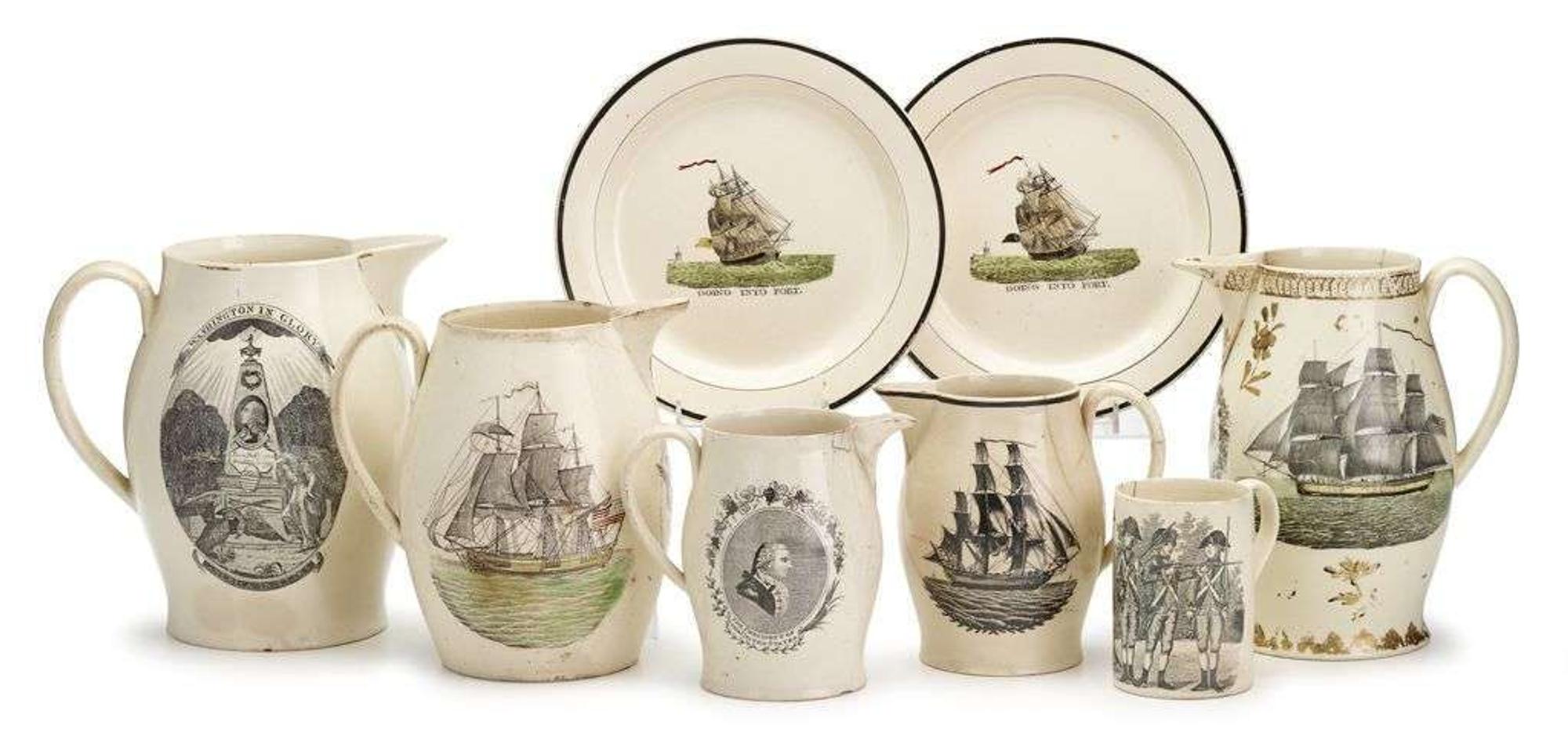 Five transfer-printed Liverpool creamware items early 19th century