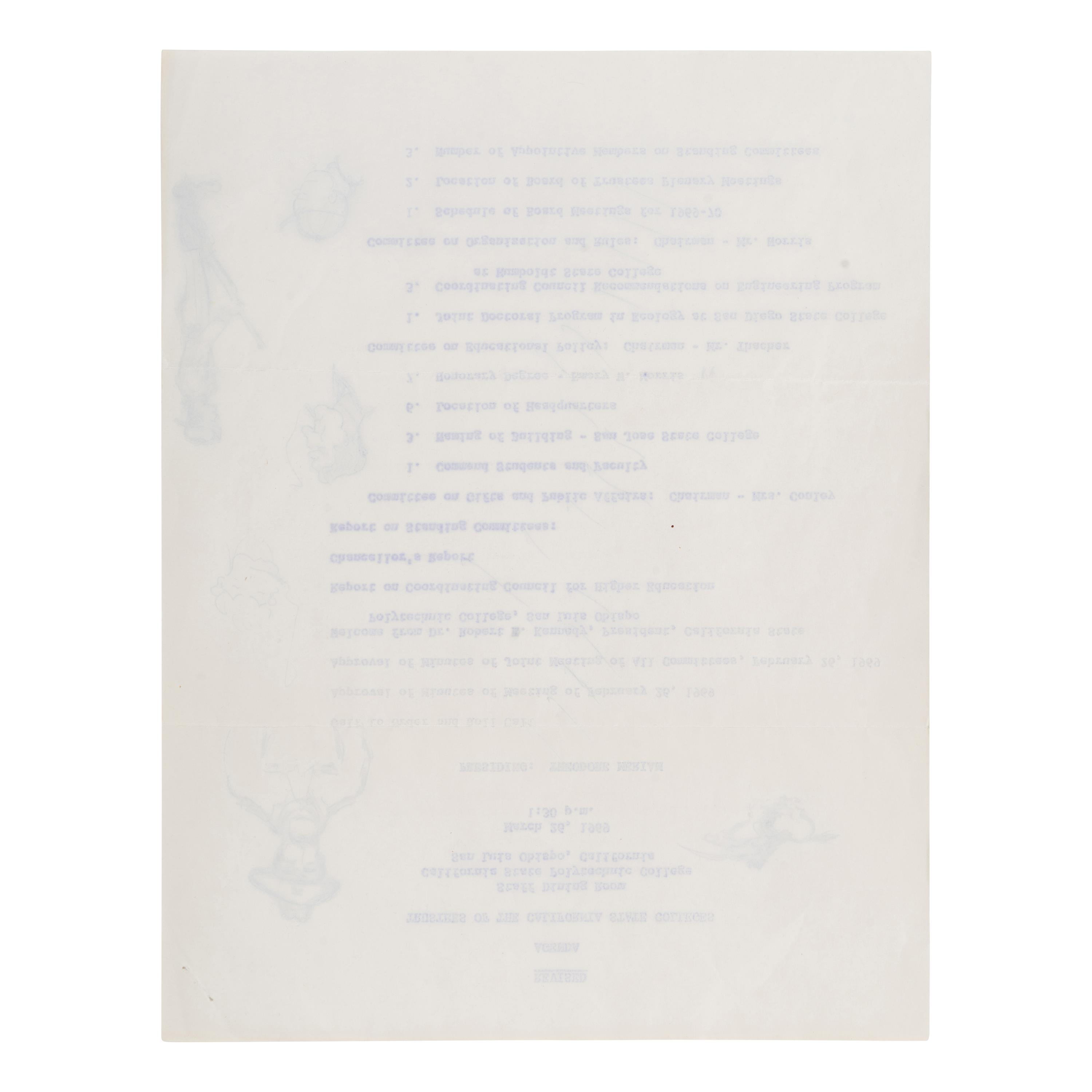 Reagan, Ronald (1911-2004). Autograph doodles on a mimeographed agenda for a meeting of the Trustees of the California State Colleges. San Luis Obispo, California, 26 March 1969.