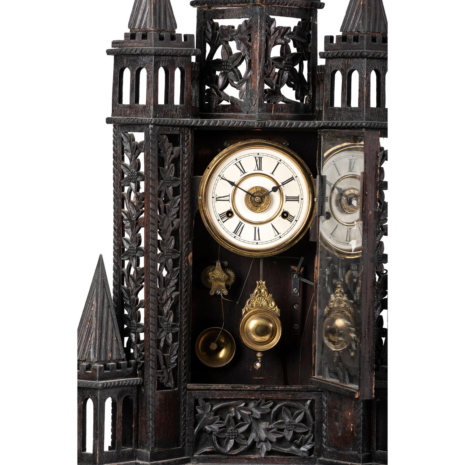 A Large Fretwork Folk Art Steeple Clock