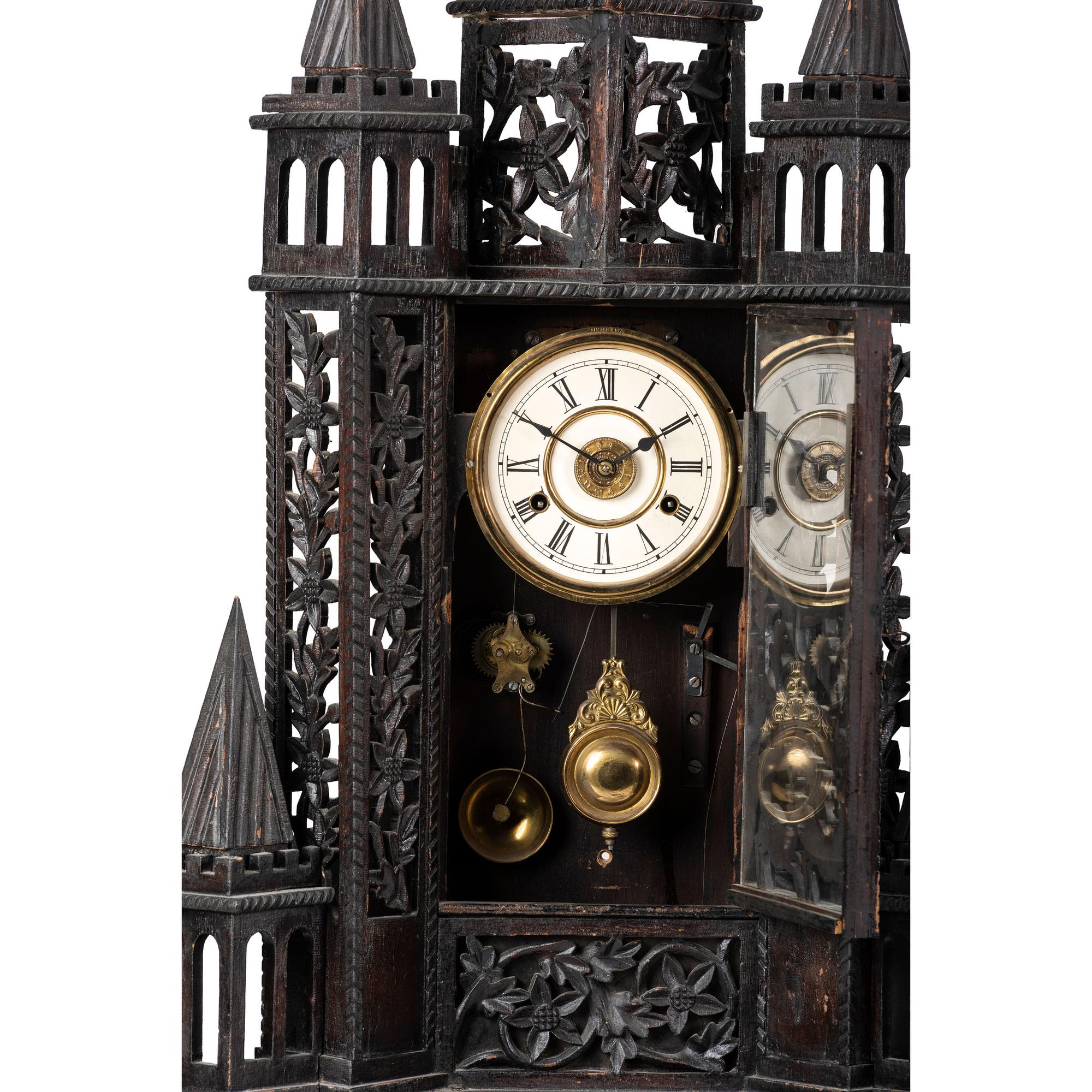 A Large Fretwork Folk Art Steeple Clock