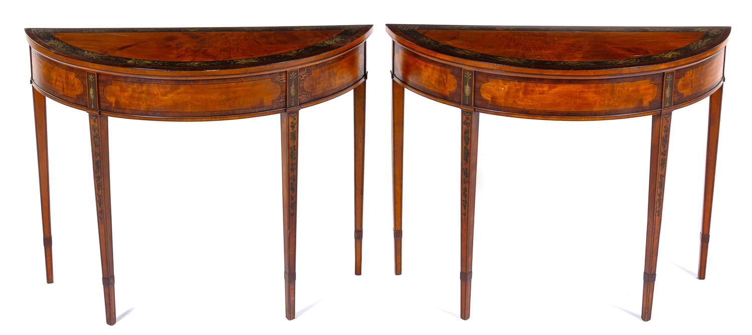 A Pair of George III Mahogany Demilune Tables Height 32 x width 40 1/2 x depth 16 1/2 inches. — PROBABLY 19TH CENTURY