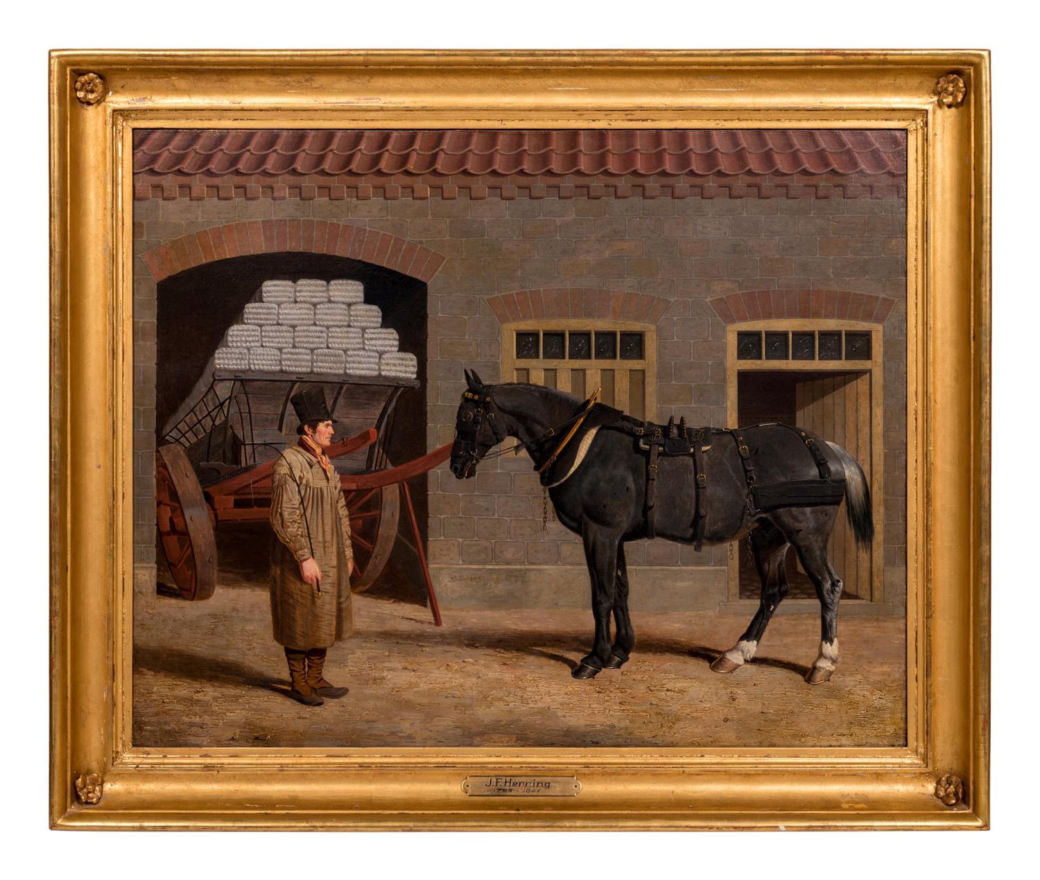 A Cart Horse and Driver Outside a Stable