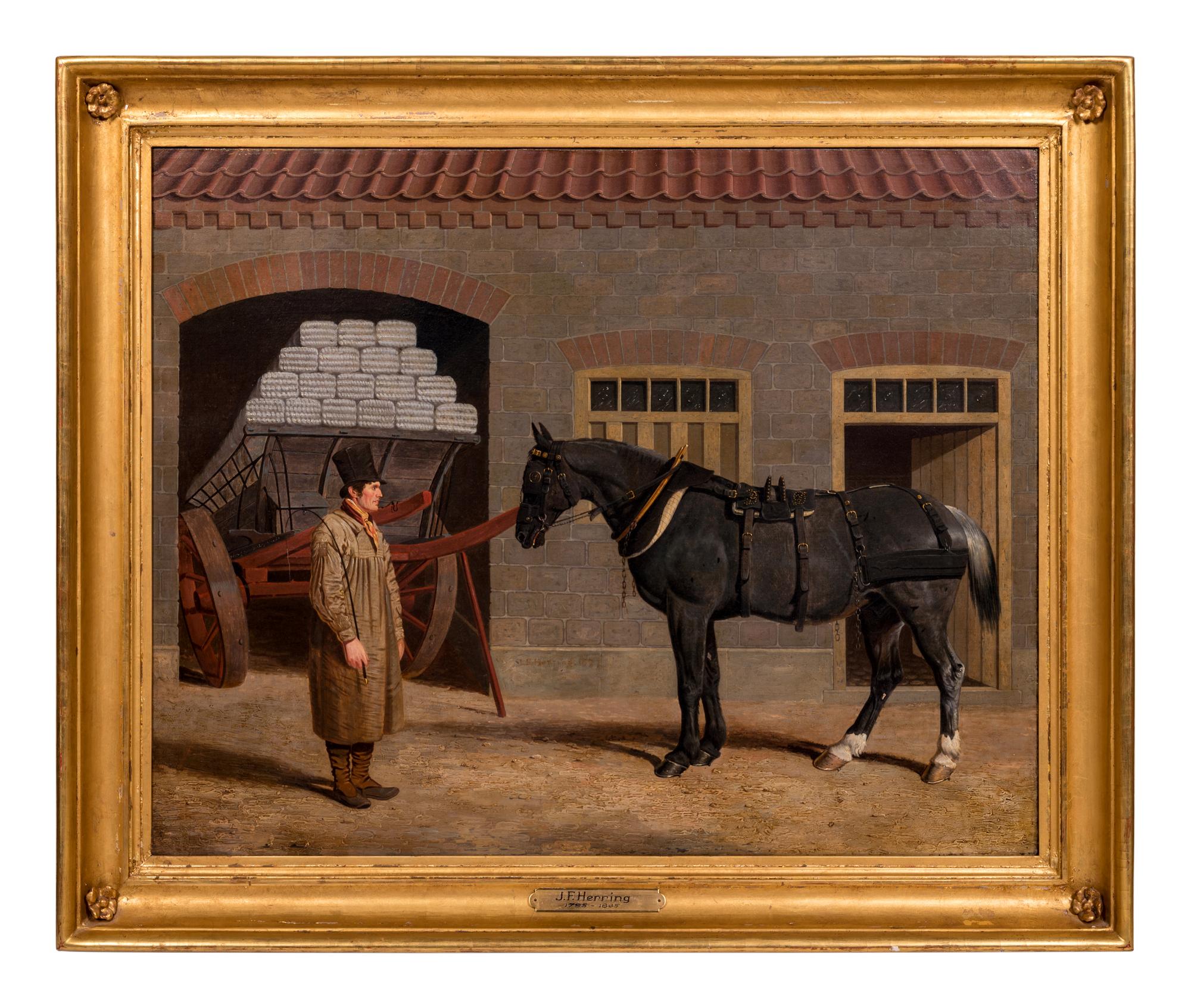 A Cart Horse and Driver Outside a Stable