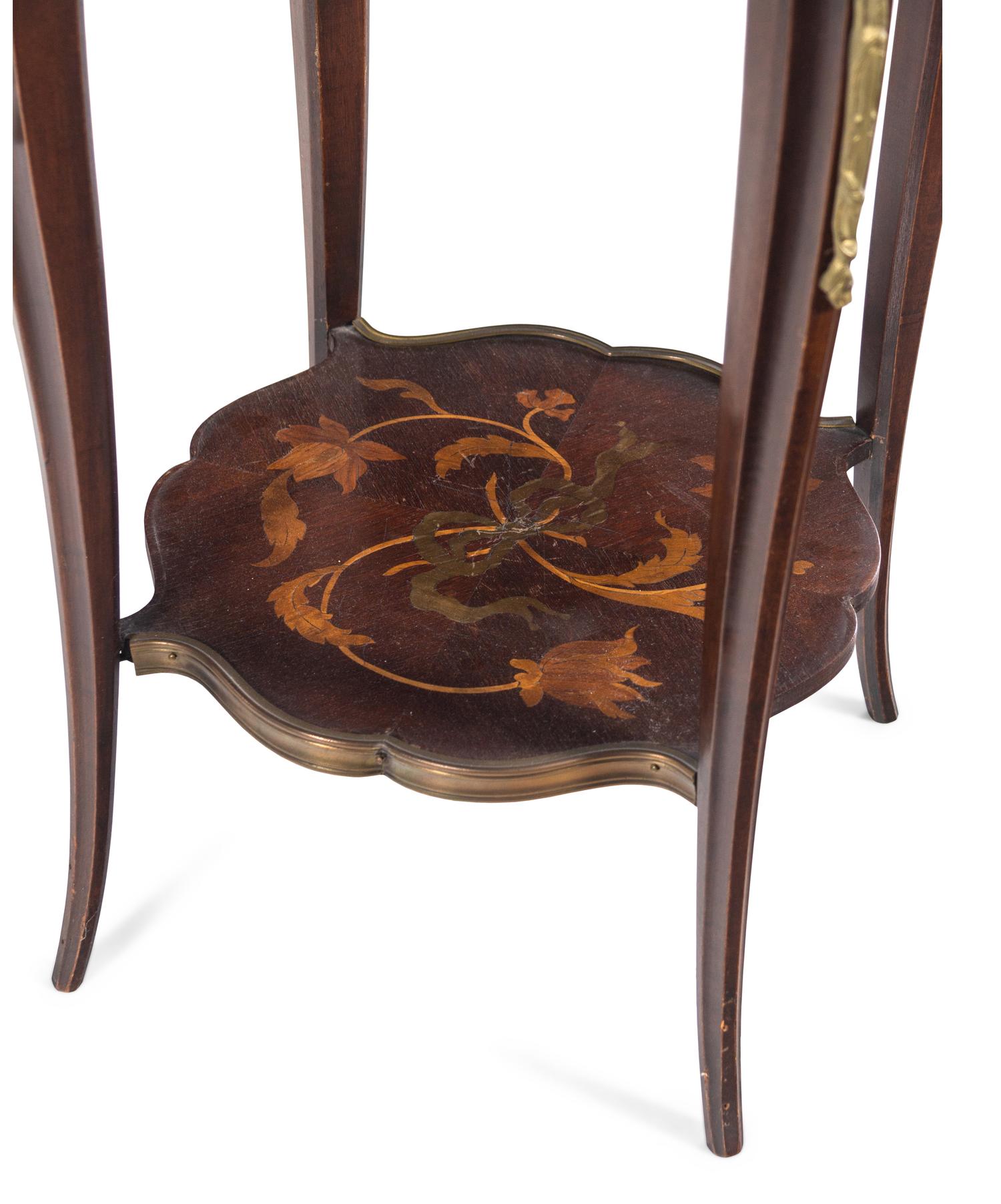 A Pair of Louis XV Style Gilt Bronze Mounted Marquetry Marble-Top Side Tables