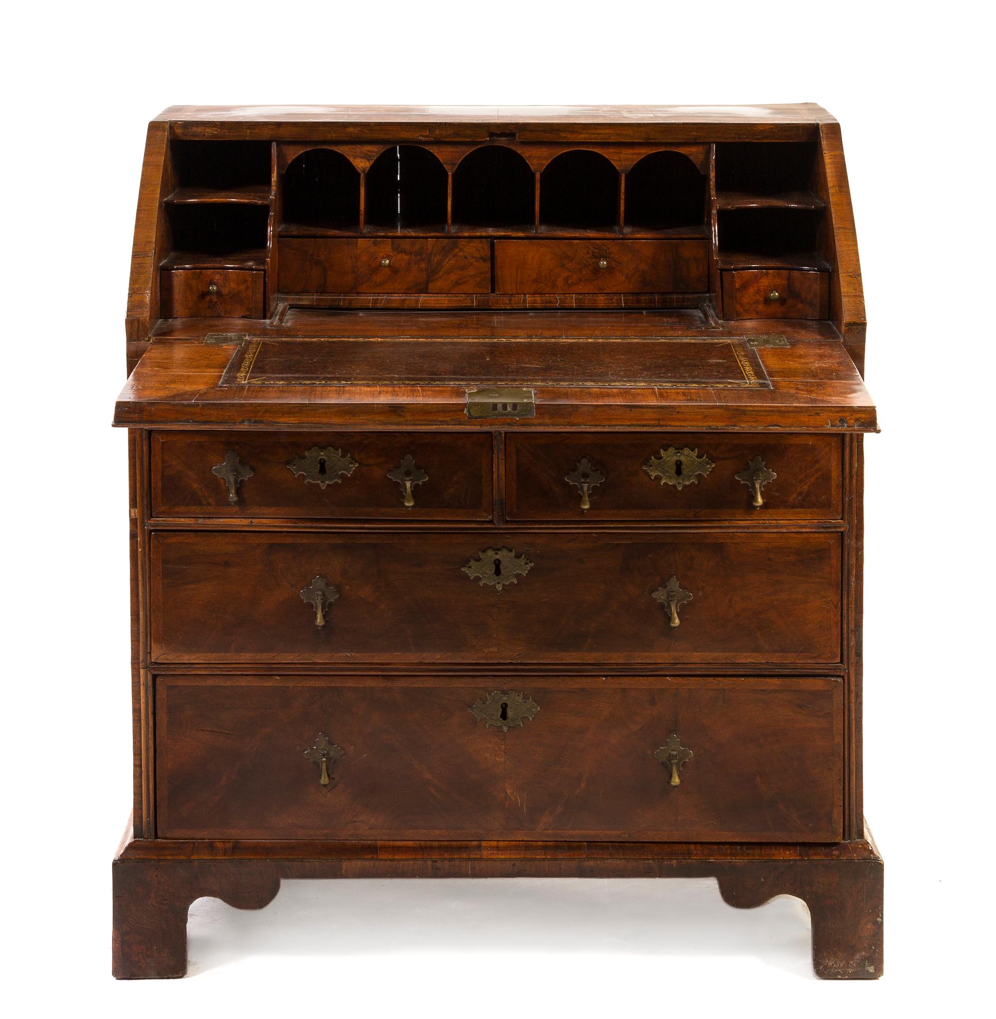 A George II Featherbanded Walnut Slant Front Desk, Height 37 1/2 x width 33 x depth 21 inches.