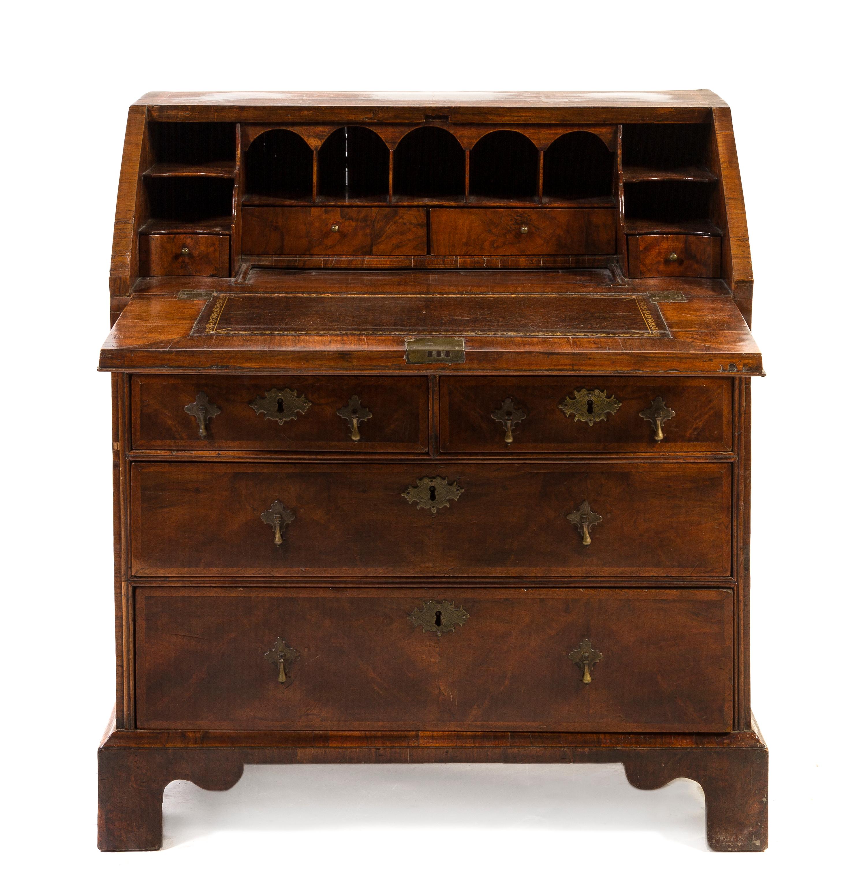 A George II Featherbanded Walnut Slant Front Desk, Height 37 1/2 x width 33 x depth 21 inches.