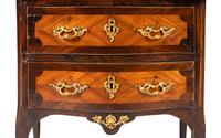 A Transitional Gilt Bronze Mounted Kingwood and Fruitwood Marble-Top Commode