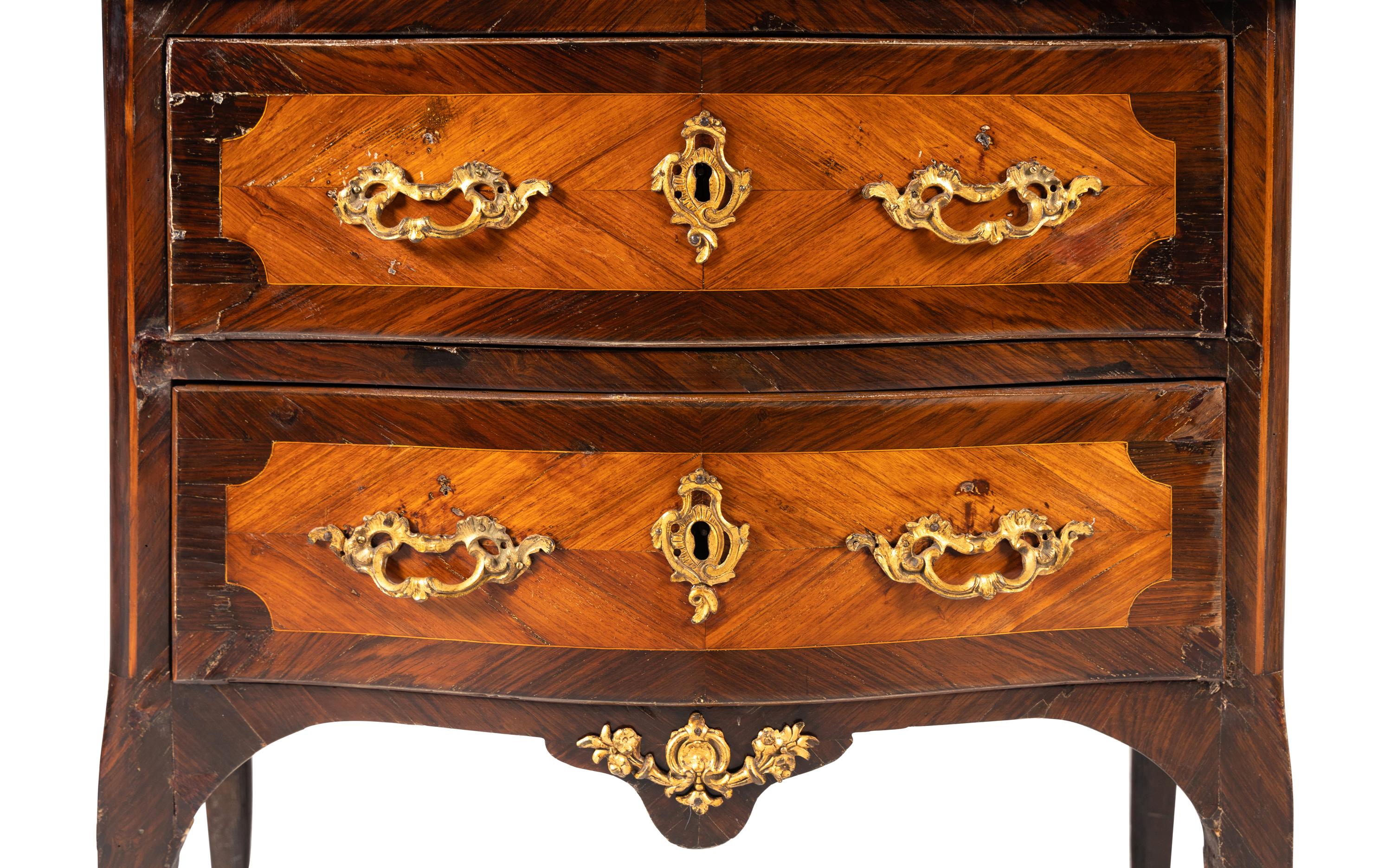 A Transitional Gilt Bronze Mounted Kingwood and Fruitwood Marble-Top Commode