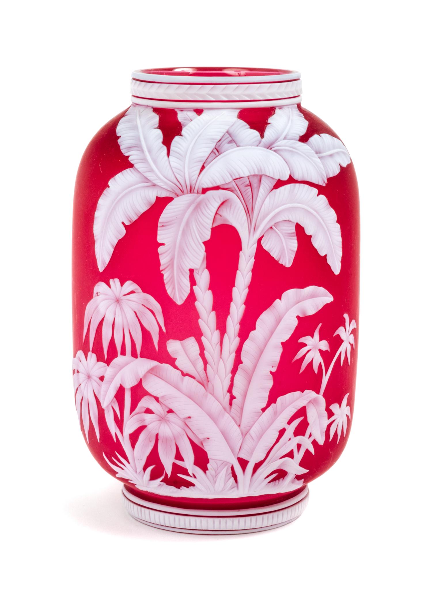 English, LATE 19TH CENTURY, a cameo glass vase, of barrel form with palm tree decoration, unsigned