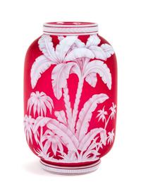 English, LATE 19TH CENTURY, a cameo glass vase, of barrel form with palm tree decoration, unsigned