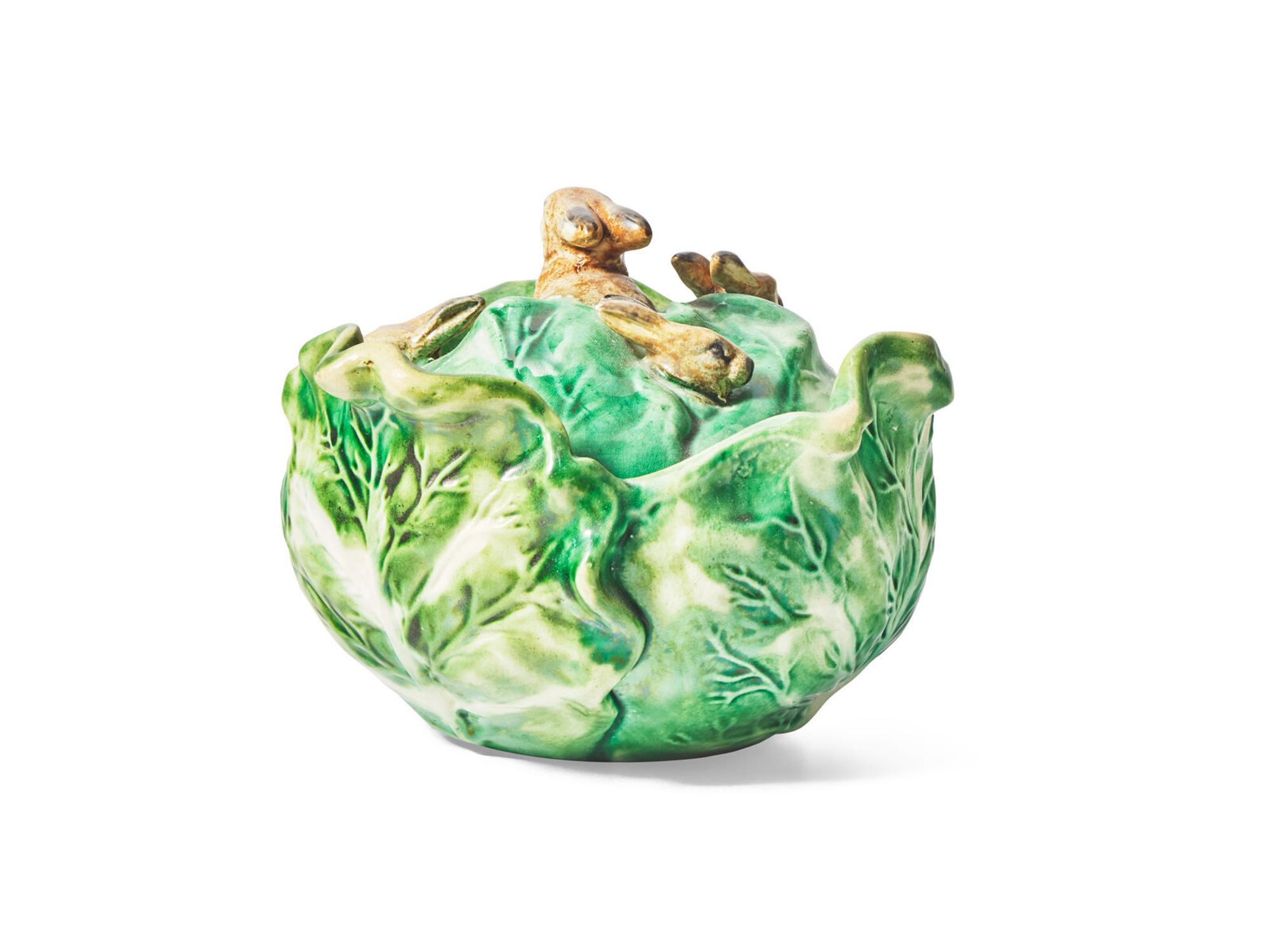 An English Majolica Rabbit and Cabbage-Form Butter Dish
