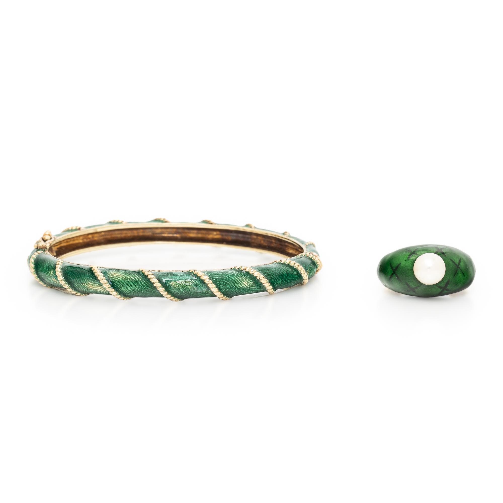 Green Enamel and Yellow Gold Ring and Bangle Bracelet