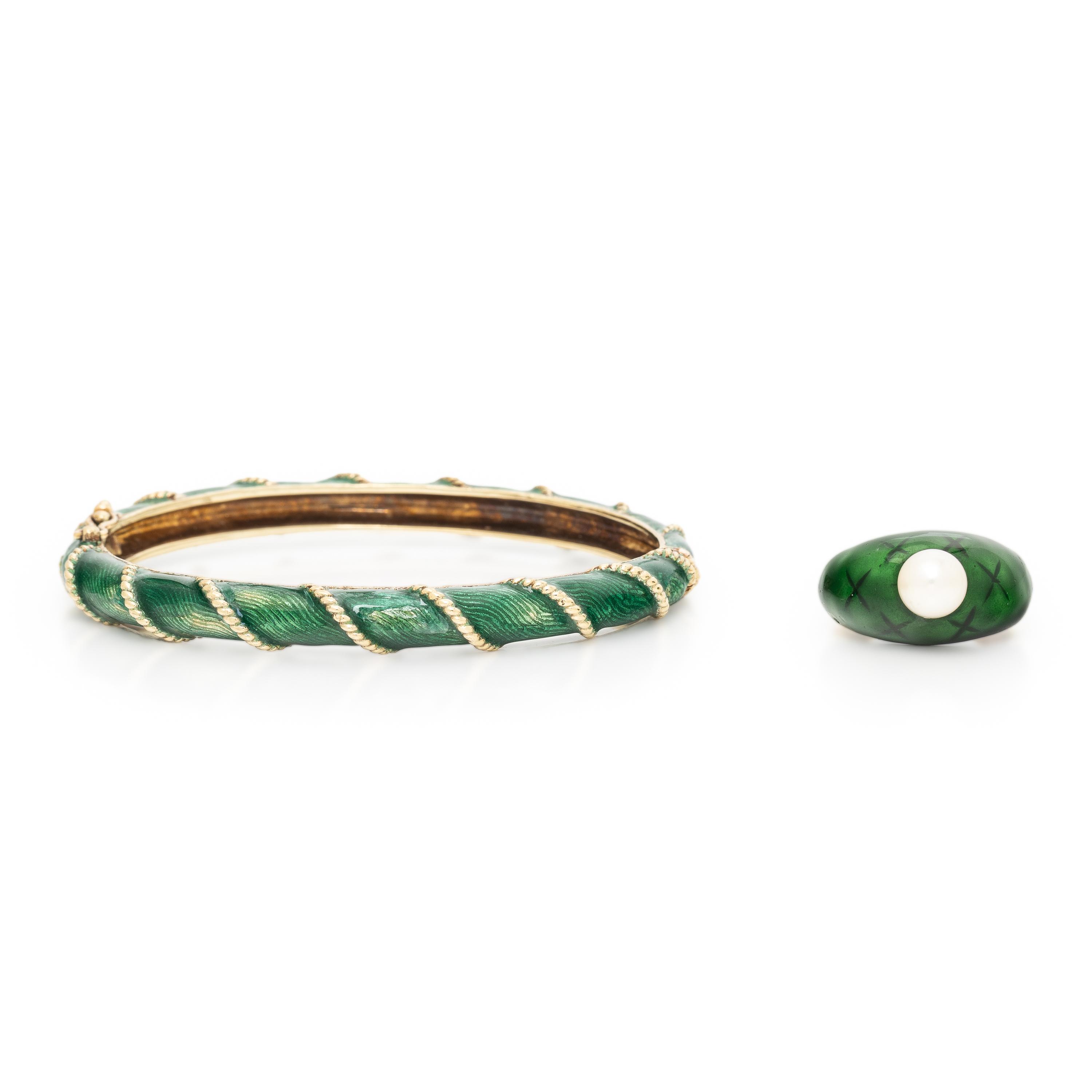 Green Enamel and Yellow Gold Ring and Bangle Bracelet