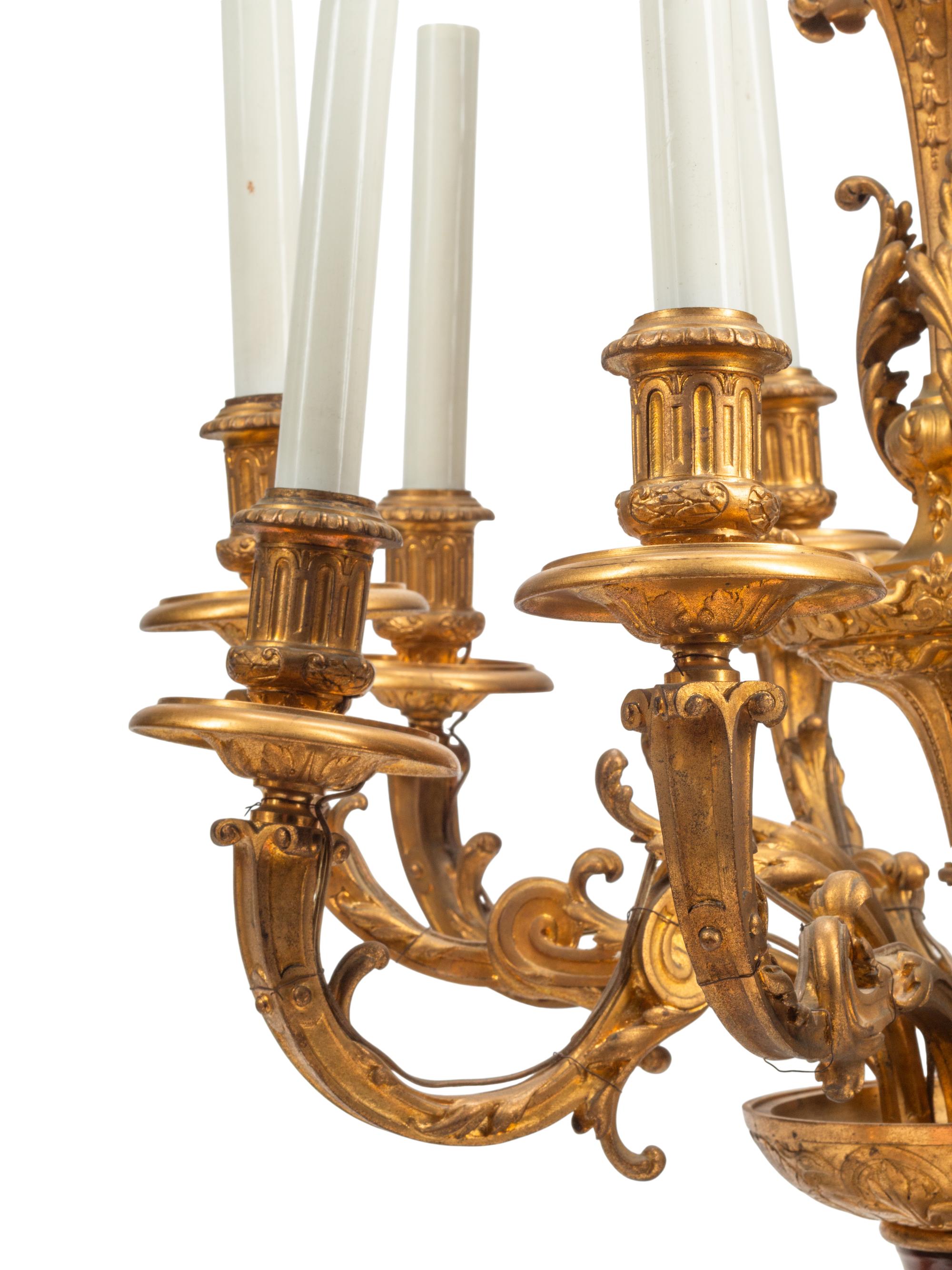 A Pair of Napoleon III Gilt Bronze and Rouge Griotte Marble Ten-Light Candelabra