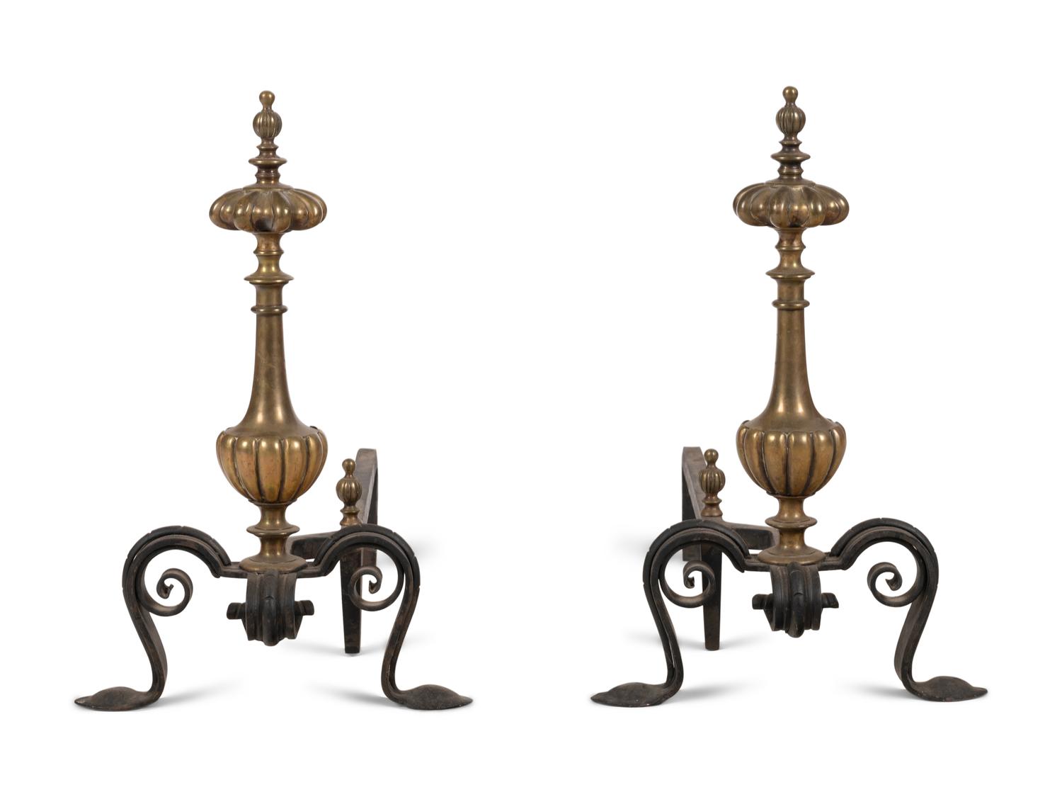 A Pair of Continental Gilt Bronze Lobed Baluster Andirons